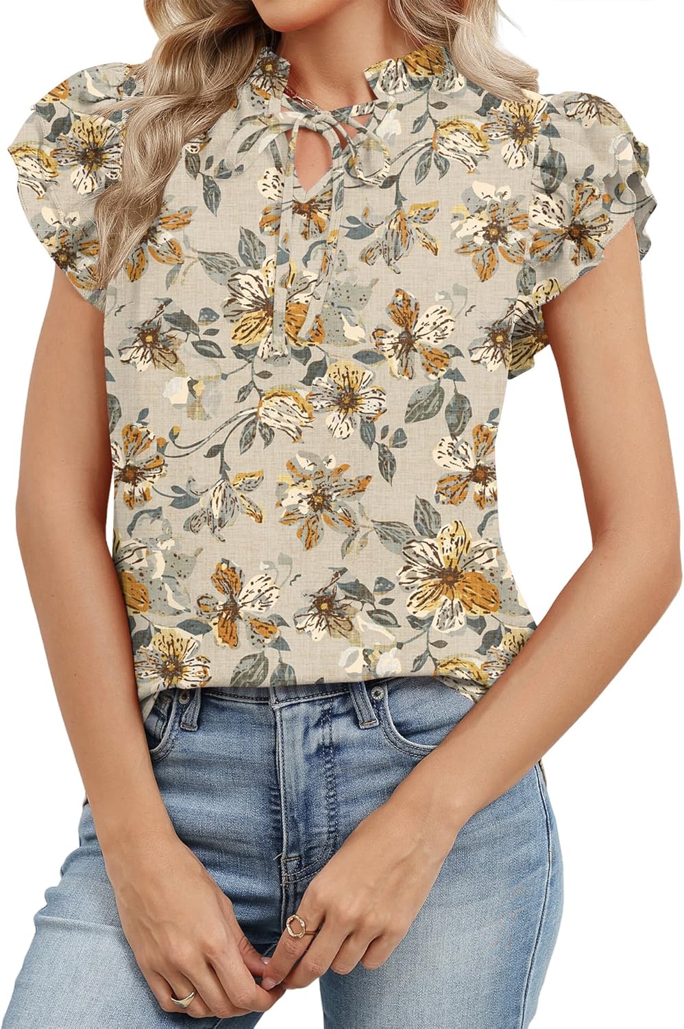 LOMON Floral Summer Tops 2026 Trendy V Neck Ruffle Cap Short Sleeve Drawstring Work Shirts Cute Flowy Boho Chiffon Blouses