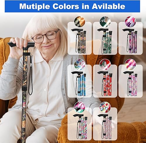 Miniatura 8 de MFE Bastón plegable, portátil de 5 niveles de altura ajustable con diseño plegable, correa de muñeca y mango en T para hombres y mujeres Negro