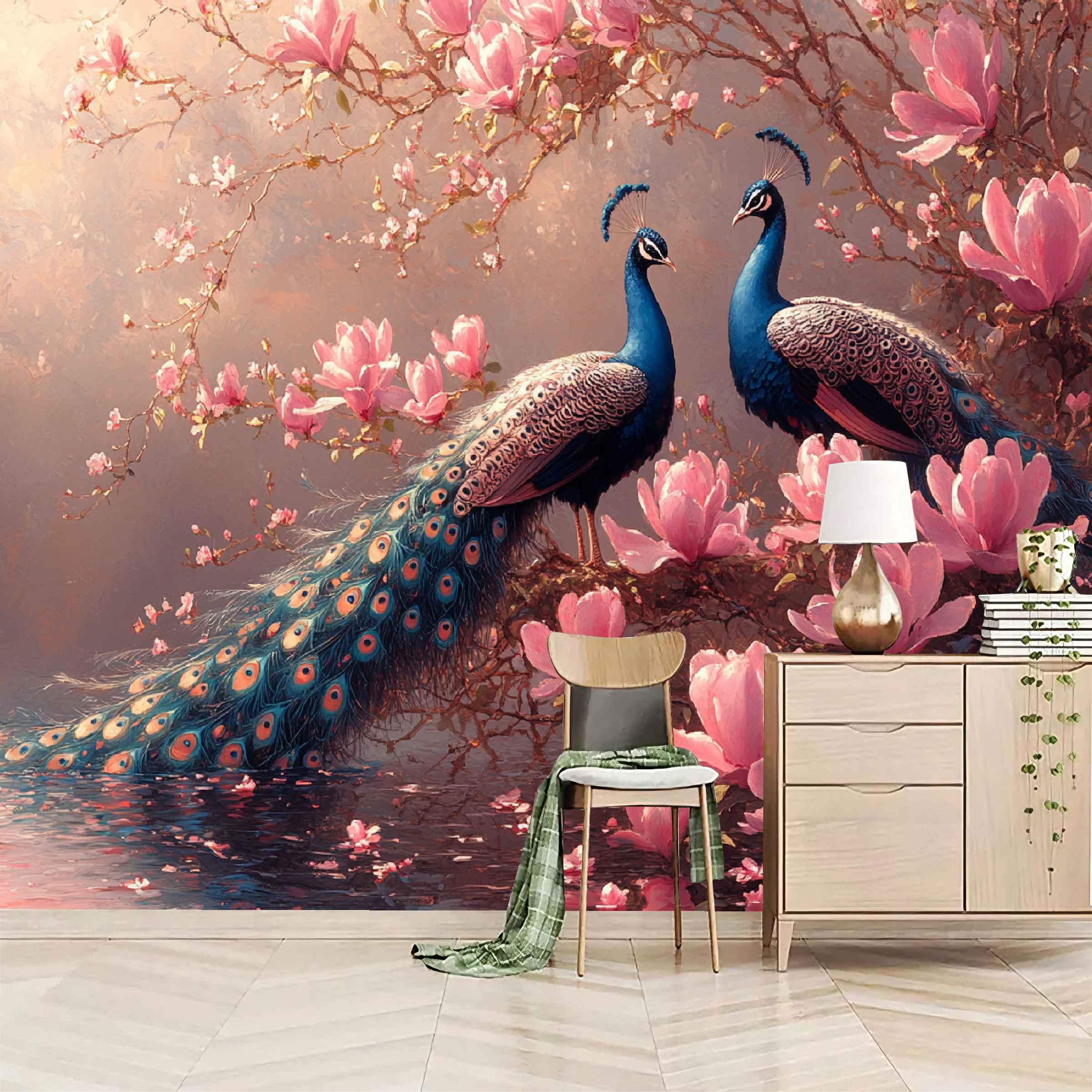 Fototapeta paw 250 x 175 cm, tapeta z włókniny XXL, nowoczesna tapeta ścienna, różowe kwiaty, paw, salon, sypialnia, efekt 3D, dekoracja ścienna, ptaki zwierzęce, do pokoju dziecięcego, jadalni