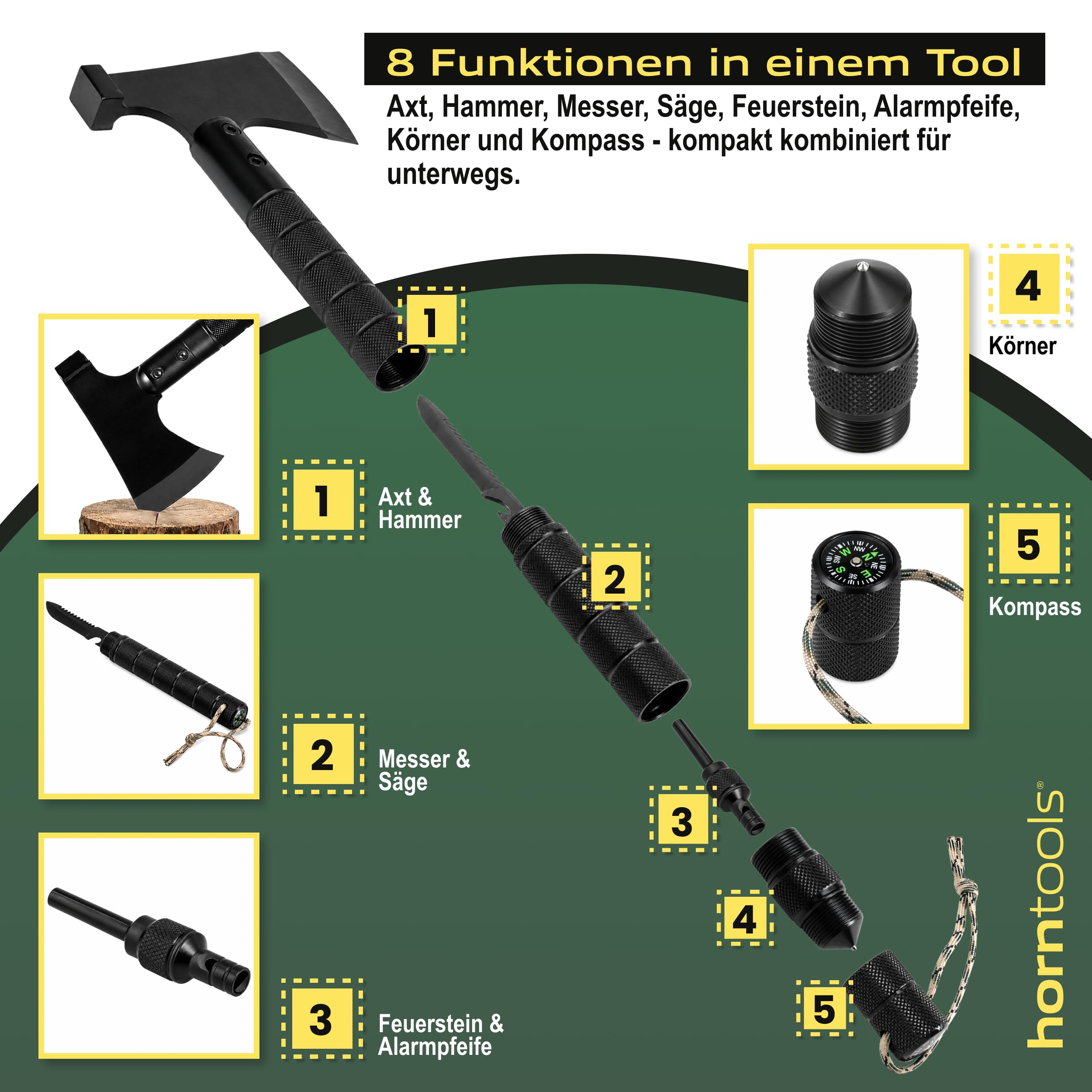 HORNTOOLS Outdoor Axt Survivor - Handbeil Set für Camping, Wandern & Outdoor - Multitool Camping Beil mit Hammer, Säge, Messer, Kompass, Feuerstein, Alarmpfeife, Körner - 850g, 34cm