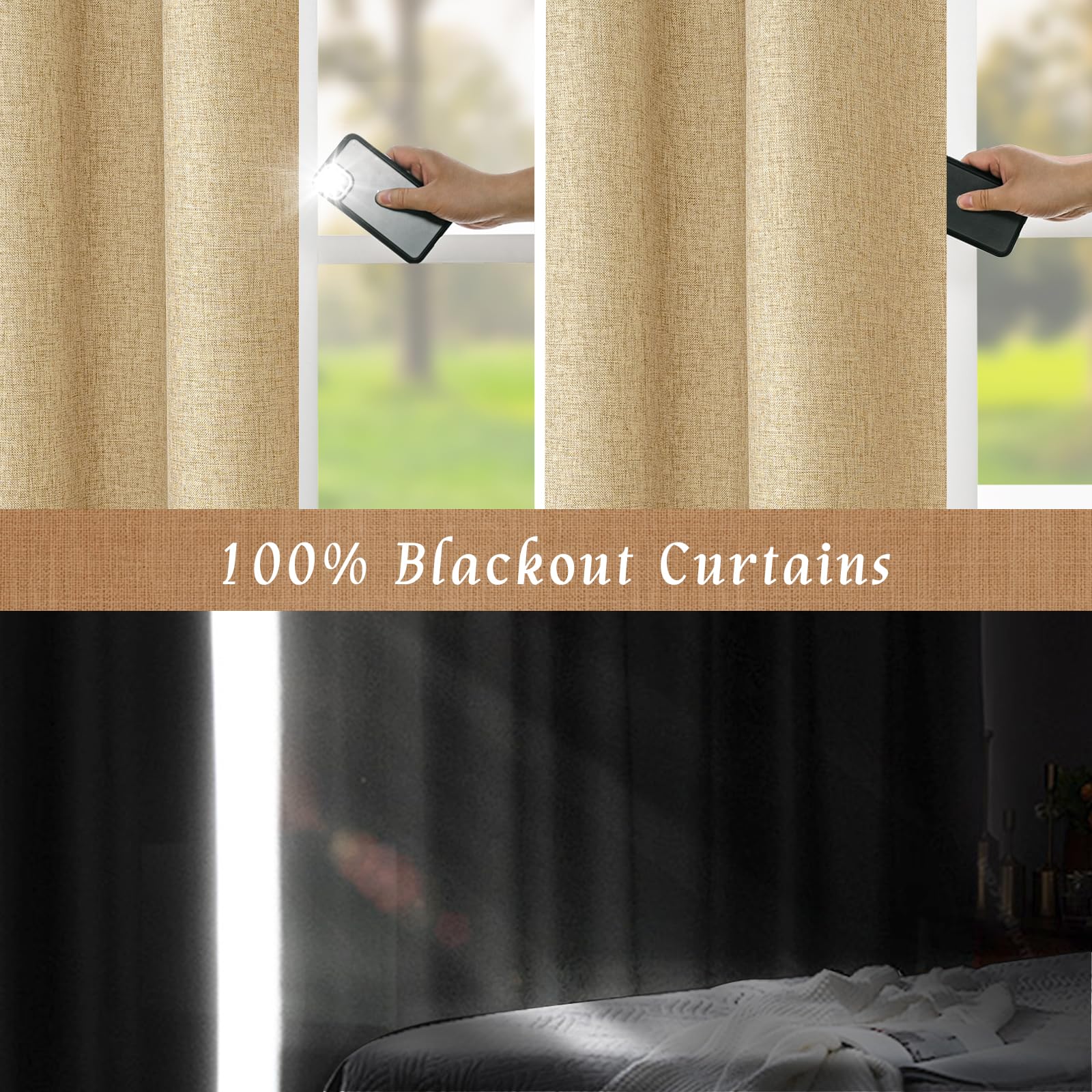 100% Blackout Curtains 84 Inch Long – 2 Panels, Linen Blend, Thermal Insulated, Farmhouse Style