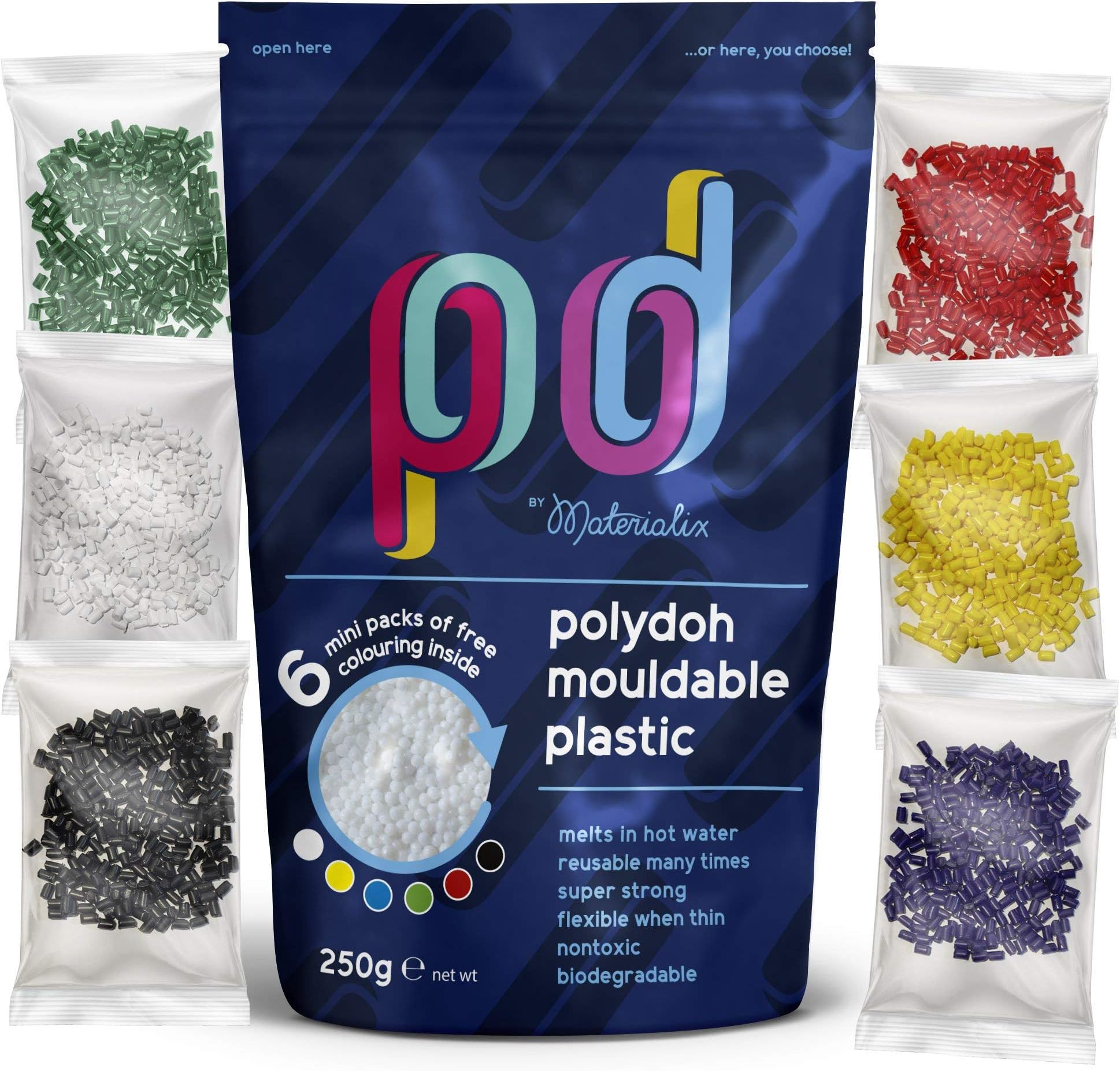 Polydoh mouldable Plastic (250g) + 6 Free Packs of Colouring granules [Like polymorph, plastimake, instamorph]