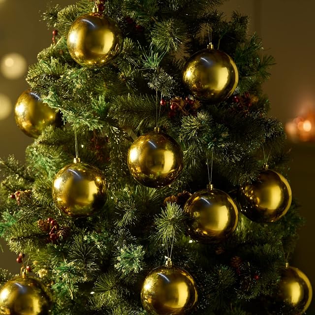 SA Products 10 Pieces Christmas Baubles Set - Coloured Christmas Ornaments Decorations For Trees, Wreath, Garland, Centrepiece - Shiny Hanging Xmas Balls With Silver Top For String - 10cm (Gold)