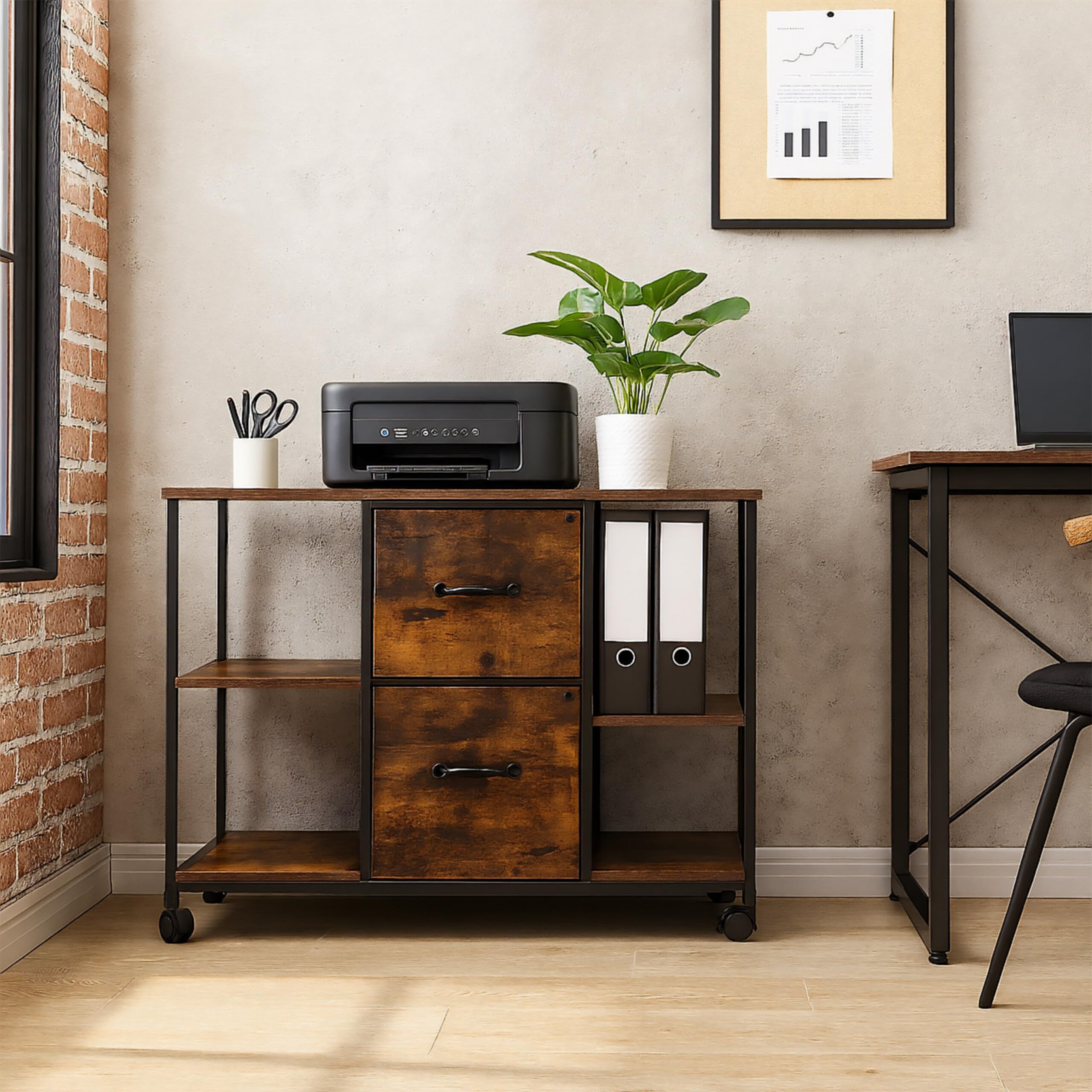 Relaxdays Mueble Impresora, con Ruedas, 2 Cajones, 4 estantes, Archivador Colgante, 67 x 100 x 40 cm, Marrón y Negro