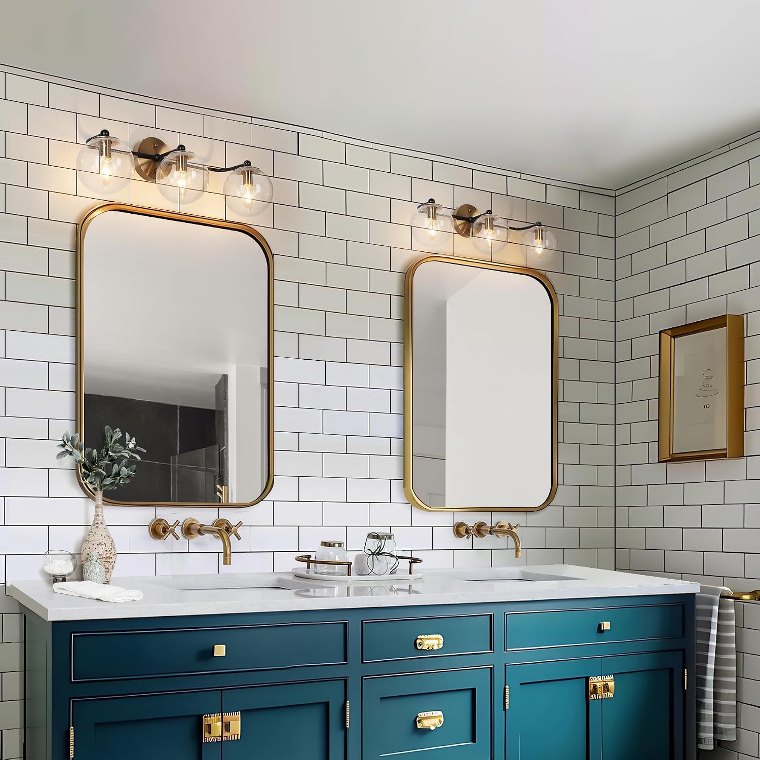 KSANA Black Gold Vanity Light, Modern 3-Light Bathroom Light Fixtures, Electroplated Brass Vanity Lighting with Clear Glass Globes Over Mirror