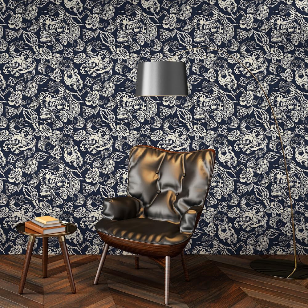 FunStick Skull Floral Peel And Stick Wallpaper – 44.5cm X 9m Roll, Dark Blue & Beige, Waterproof, Removable, Repositionable – For Bedroom, Bathroom, Cabinets, Shelves & Halloween Decor