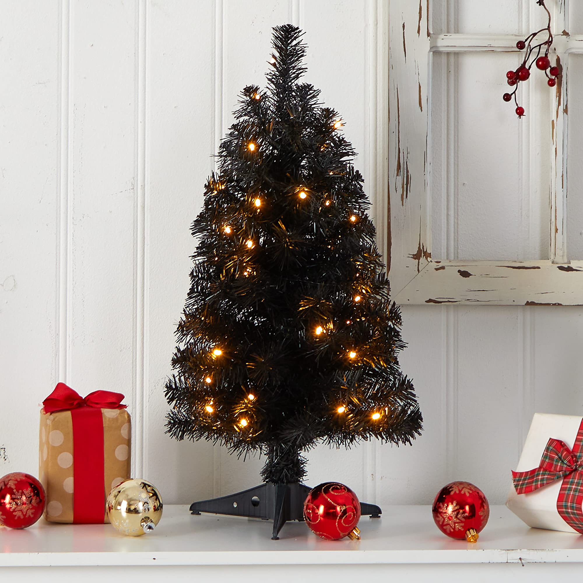 Nearly Natural 2ft. Black Artificial Christmas Tree with 35 LED Lights and 72 Bendable Branches
