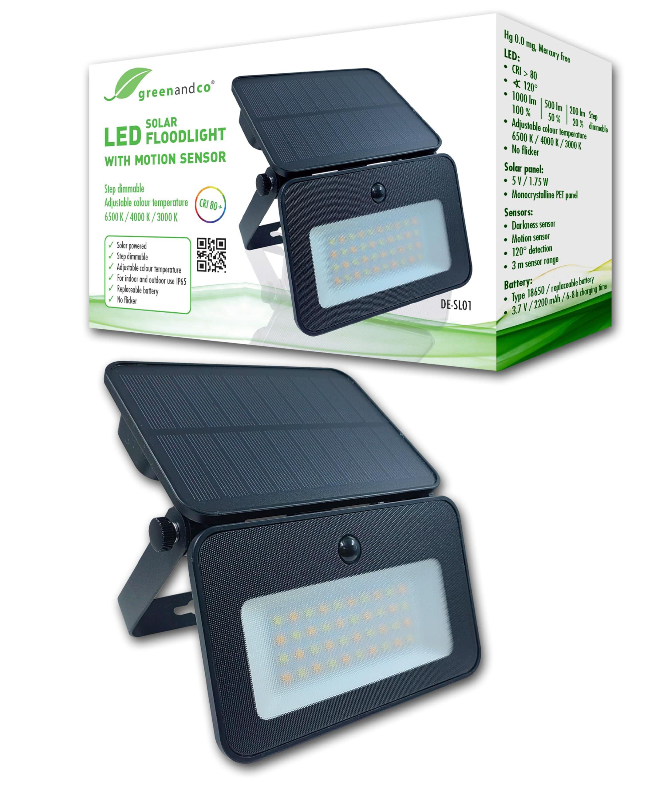 greenandco 2 x LED Solar Floodlight with Motion Sensor 1000 Lumen 3 Levels Adjustable Light Colour 6500/4000/3000 K IP65 Wall Light