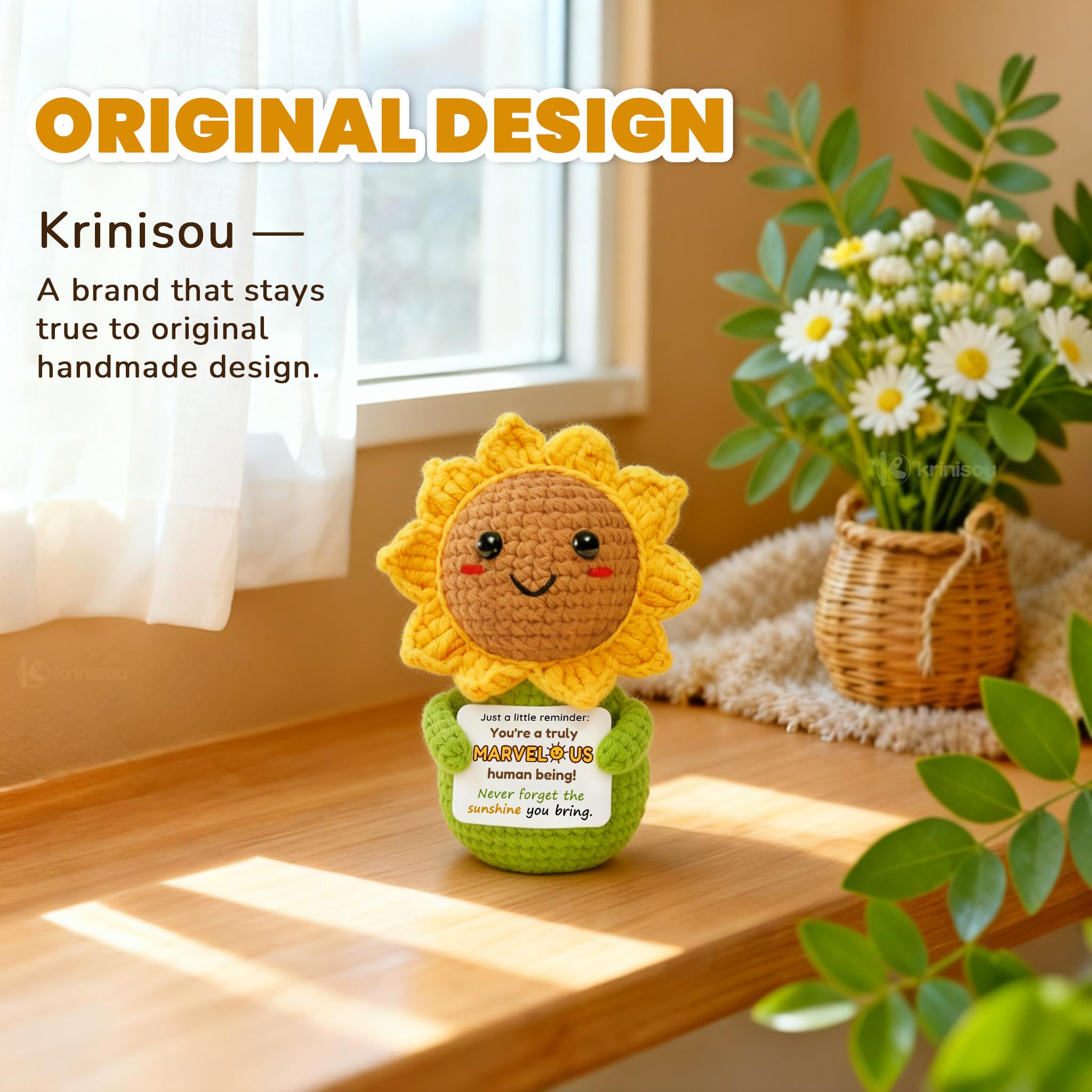 Thinking of You Sunflower Gift for Women – Crochet Sun Flower “You’re Marvelous”, Positive Affirmation Desk Decor, Uplifting Cheer Up & Encouragement Gift for Best Friend or Coworker