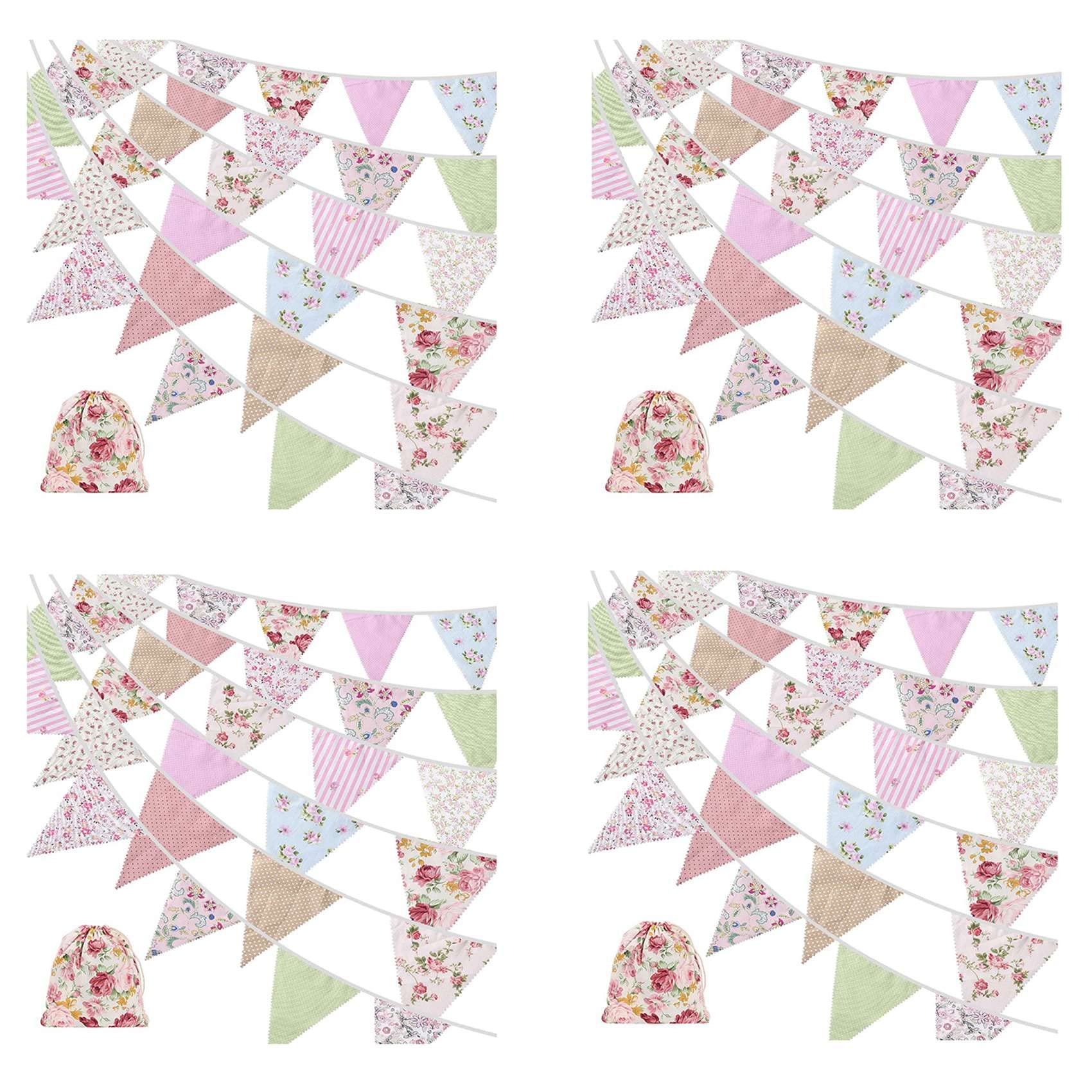 Banderines de tela de 4 x 40 pies, 42 banderines para exteriores, bandera floral vintage de algodón de triple esquina para fiesta de cumpleaños