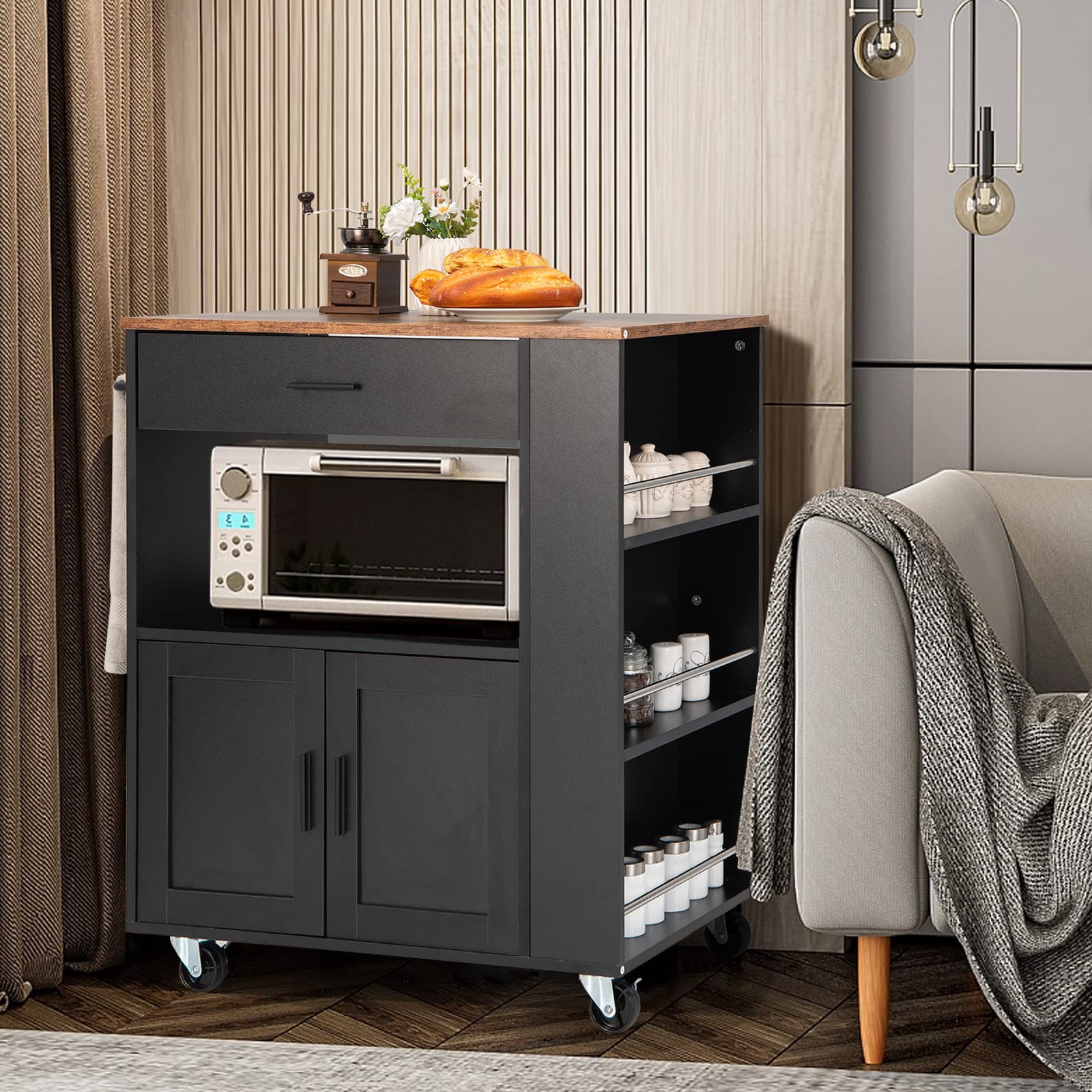 GOPLUS Desserte à roulettes, Chariot Cuisine Rangement avec Placard, Armoire, Support à Épices 3 Niveaux et Porte-Serviettes, Meuble Rangement pour Cuisine, 82 x 50 x 92 cm (Noir+Brun, Moderne)