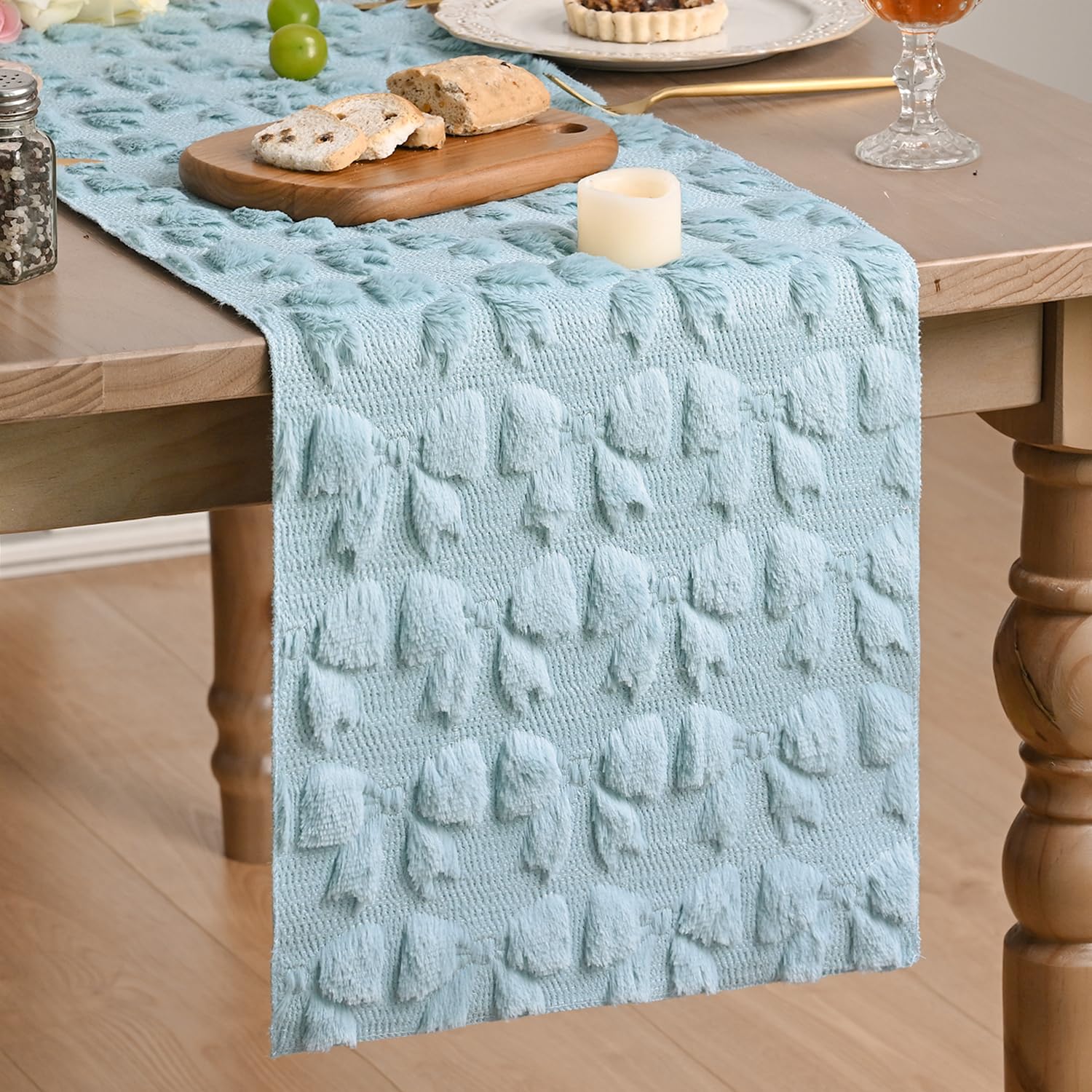 Artoid Mode Soft Plush Faux Fur Blue Bow Bowknot Valentine's Day Table Runner, Seasonal Kitchen Dining Table Decoration for Home Party Decor 33x153 cm