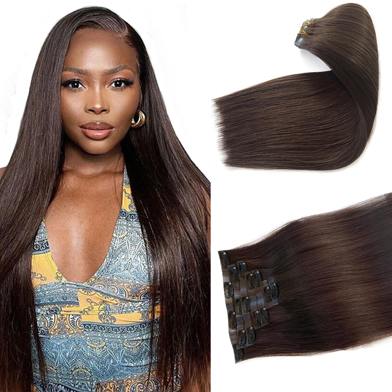Real Human Hair Extensions Clip Ins 16 Inch Dark Brown 7 Pcs Seamless Amazon.com : Full Shine Seamless Hair Extensions Clip in  main image 4