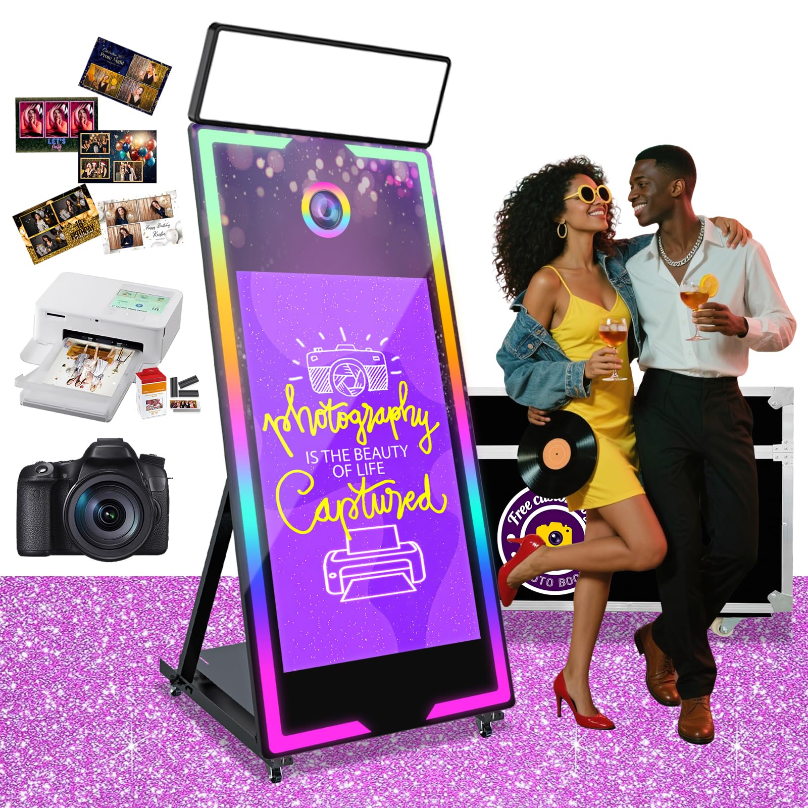 Magic Mirror Photo Booth with Camera and Printer 65'' Mirror Photo Booth with 43'' Interactive Touch Screen Built-in Mini PC with Instant Print Rental Wedding Party (Black+Camera+Printer, 65-43in)