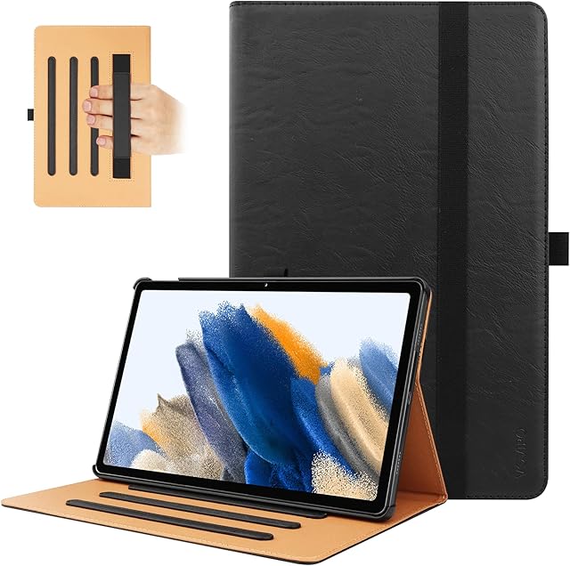 VOVIPO Samsung Galaxy Tab A8 10.5 Inch 2021 SM-X205/X200 Case, PU Leather Stand Folio Protective Cover with Handstrap for Galaxy Tab A8-Black