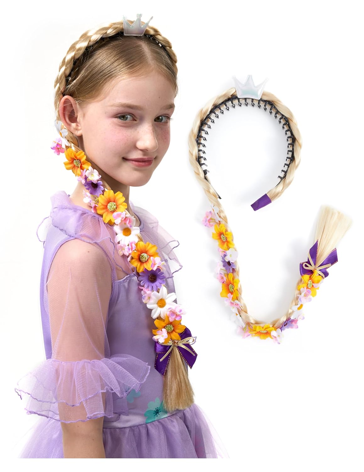 Spooktacular Creations Girls Princess Wig Non Slip, Toddler Long Braided Wig with Teeth Comb, Purple Fairy HeadWear for Toddler Halloween DressUp, Accessories, Themed Party