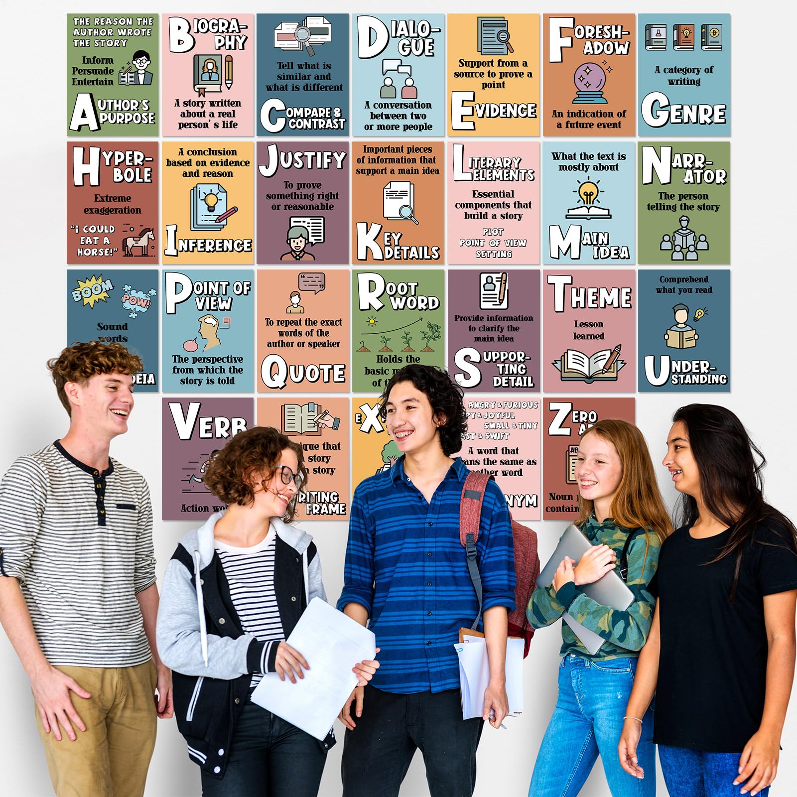 Lot de 26 affiches de l'alphabet ELA pour salle de classe - Poster d'écriture pour salle de classe, stratégie de lecture, tableau d'affichage pour la rentrée scolaire, la maternelle, le primaire, la