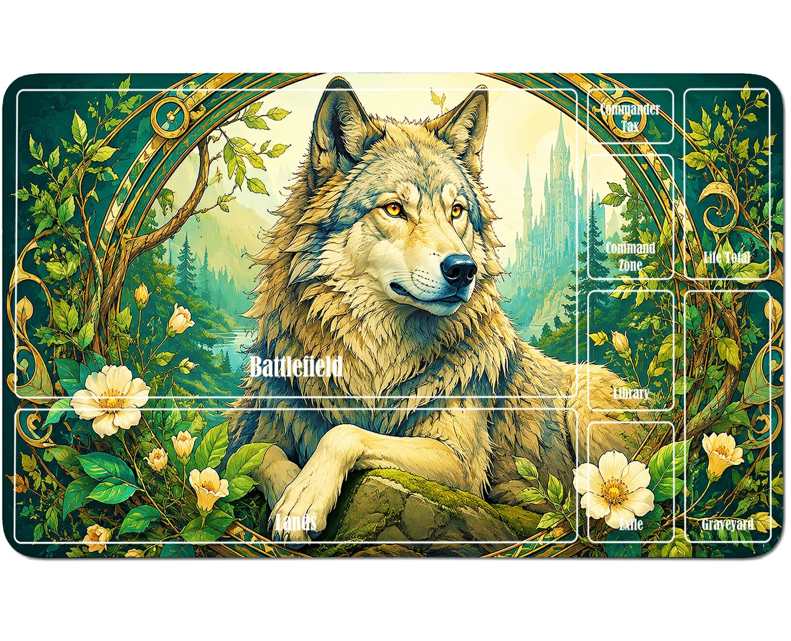 RWUTYTIUL Green Leaf Wolf for MTG Playmat 24 X 14 Inch, Stitched Card Game Mat for Commander Board TCG RPG CCG Desktop Tablet Mouse Pad for Enthusiasts Playing Accessories