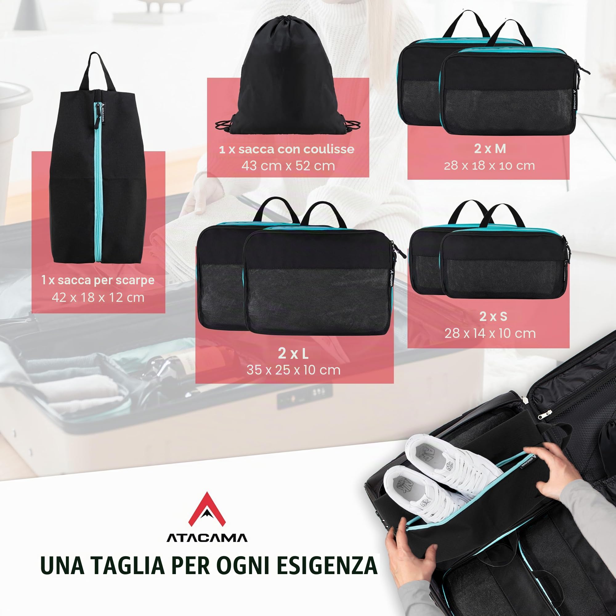 Atacama Set di dadi a compressione di alta qualità: chiusura lampo e doppie tasche, tasche con compressione per zaino e valigia, colore nero, set di 8