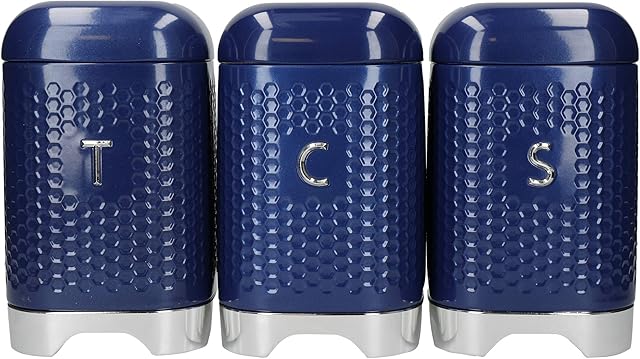 KitchenCraft Lovello Storage Canisters for Tea Coffee and Sugar in Gift Box, Textured Hexagonal Finish, Steel, Midnight Navy