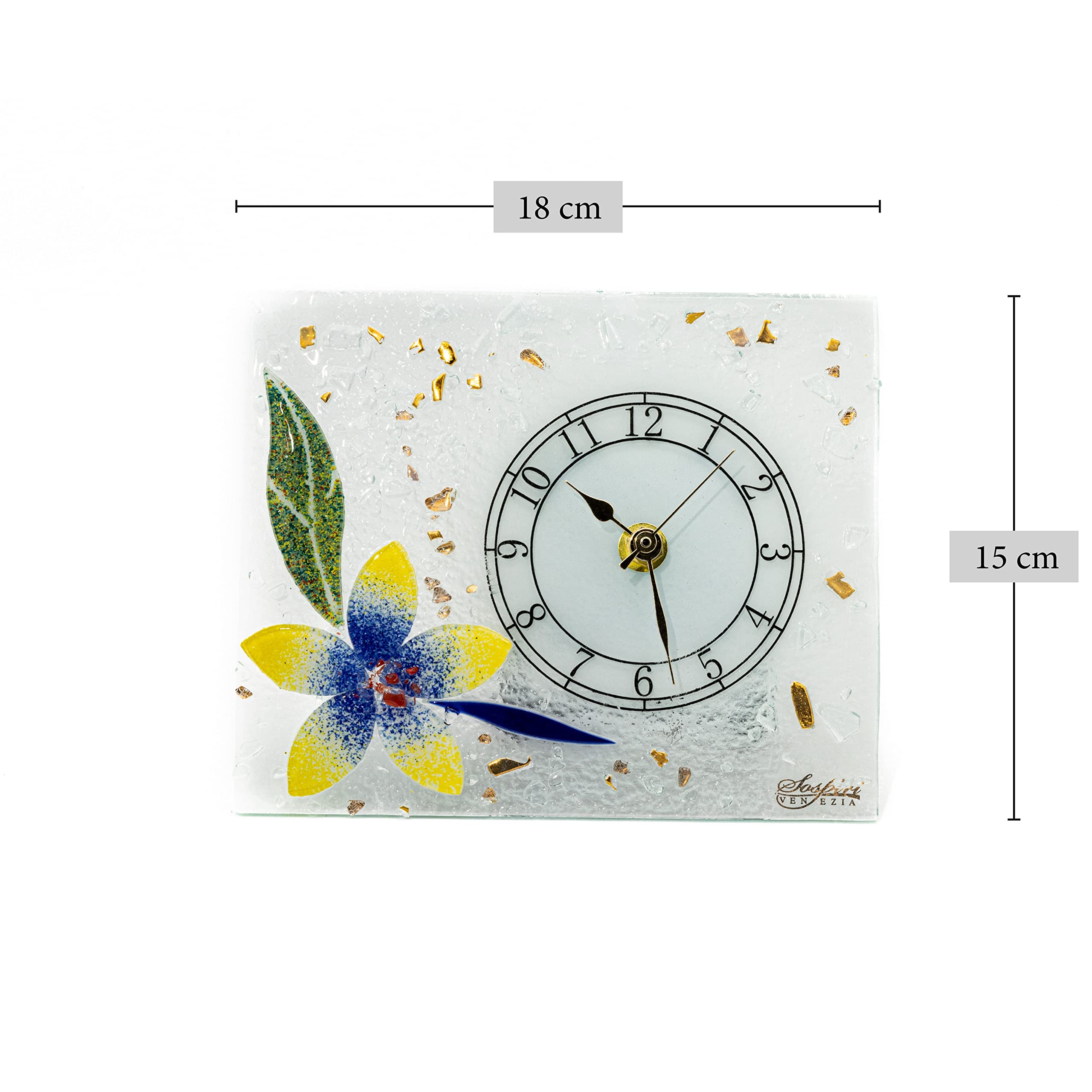 Sospiri Venezia Reloj de Mesa de Vidrio de Murano con Mecanismo Silencioso, Decorado con Diseño Floral Dorado, Hecho a Mano, Idea de Regalo, (18x15 cm)