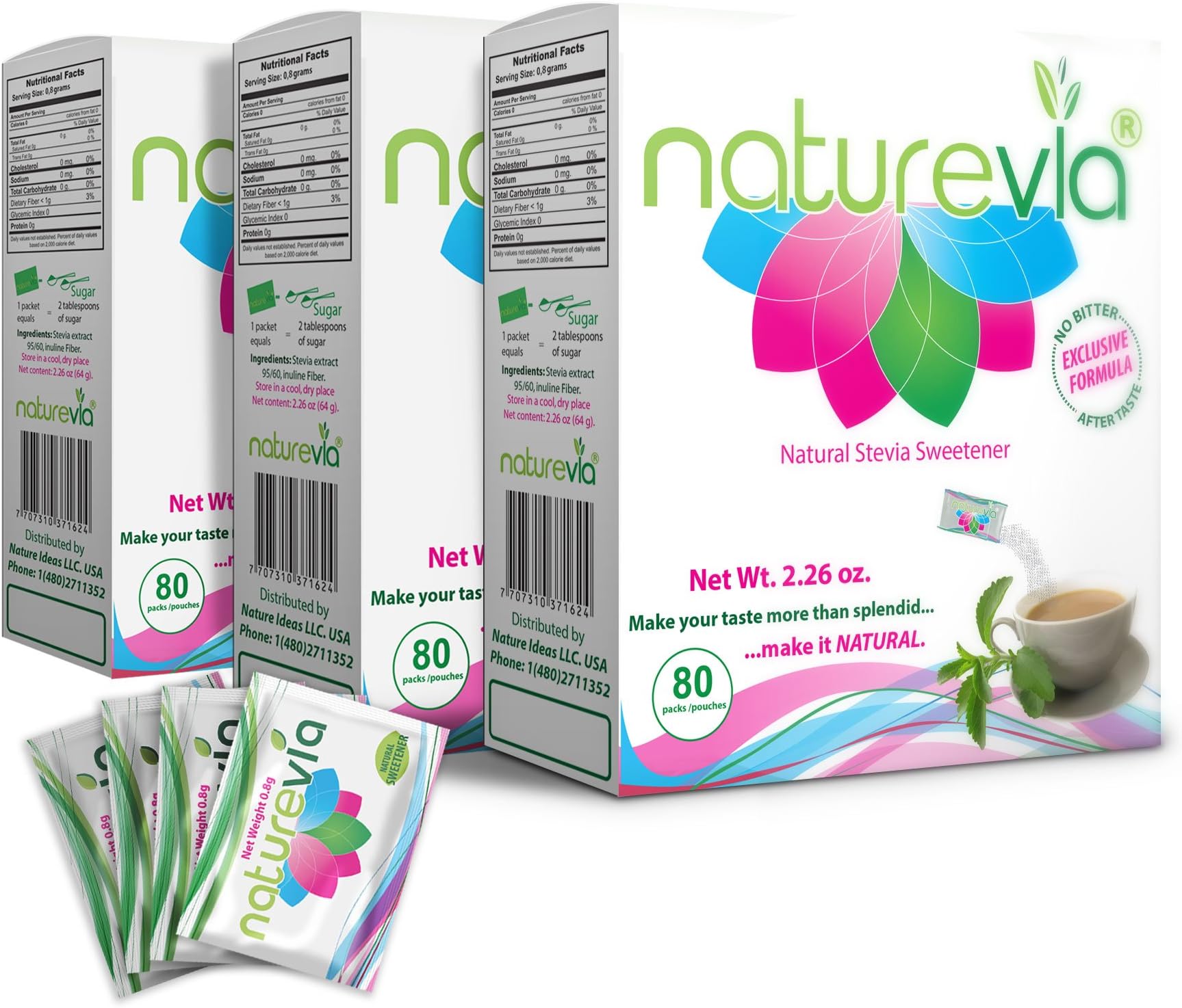 Natural Stevia Sweetener (80 Packets Each, Pack of 3) - Natural Prebiotic Fiber Inulin Promotes Digestion, Free of: Sugar, Calories, Carbohydrates, Corn Fillers, GMO Ingredients & Bitter Aftertaste
