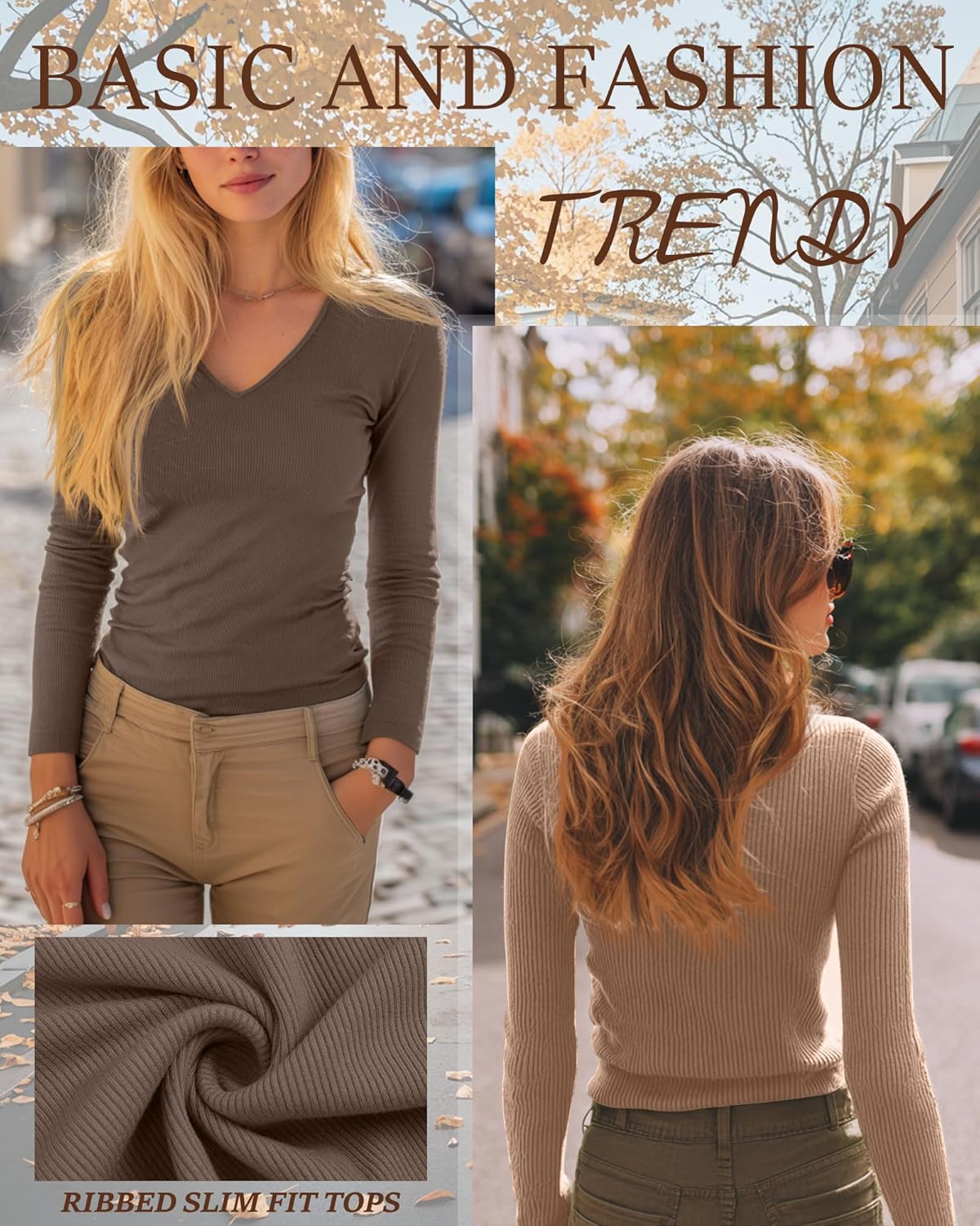 Ficerd 3 Pack Women's Long Sleeve T Shirts Cotton V Neck Slim Fit Tops Ribbed Knit Layering Casual Basic Tees Fall - Image 5