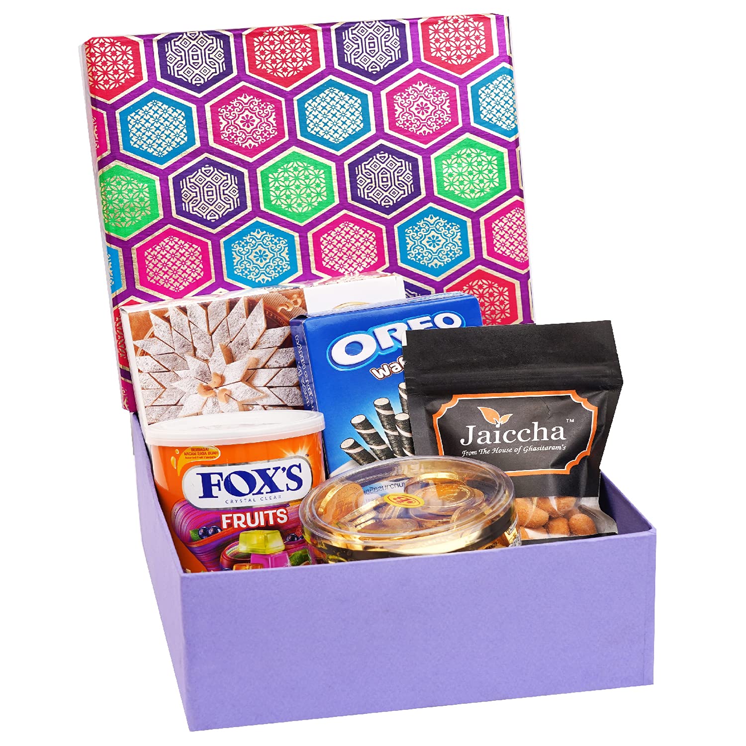 Ghasitaram Gifts Jaiccha - Express Delivery Diwali Gifts Gourmet Hamper Box of Crunchy Coated Cashews,Wafer Roll,Toffees,Chocolates and Kaju Katli Box