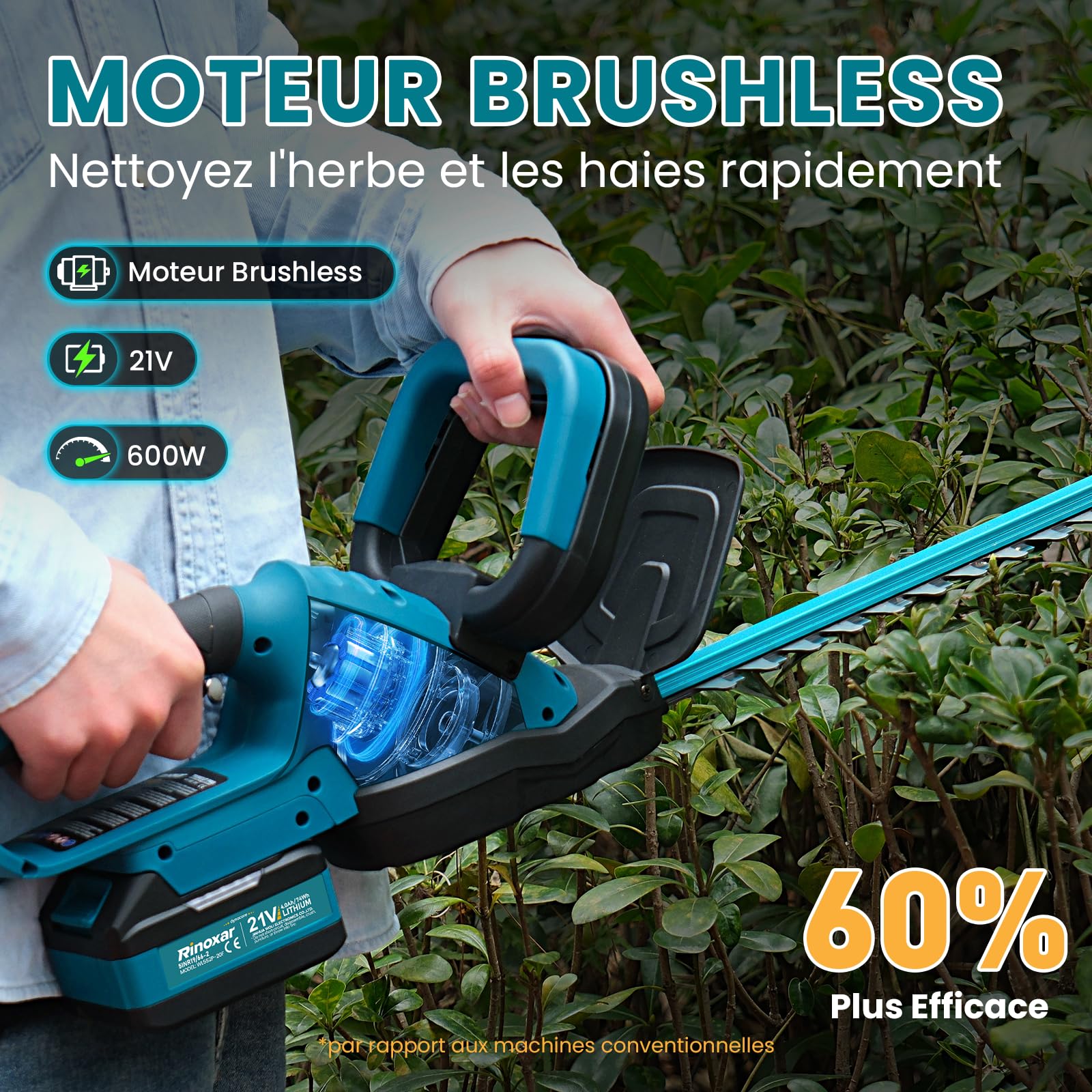 Taille Haie Batterie avec 2X 4000mAh Batteries et Chargeur, Moteur Brushless 600W 28500rpm, Taille Haie Electrique sans Fil avec Lame 52cm, Taille-Haies Électriques pour Jardin