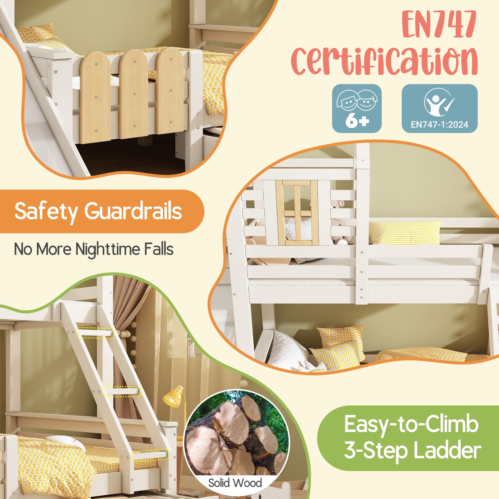 Letto a Castello 90x200 e 140x200cm con Rete a doghe, Letto Matrimoniale con Cassetto, Scivolo e Scaletta, letto a Soppalco per Bambini, a Forma di Casa, Struttura in Legno Massiccio(senza materasso)