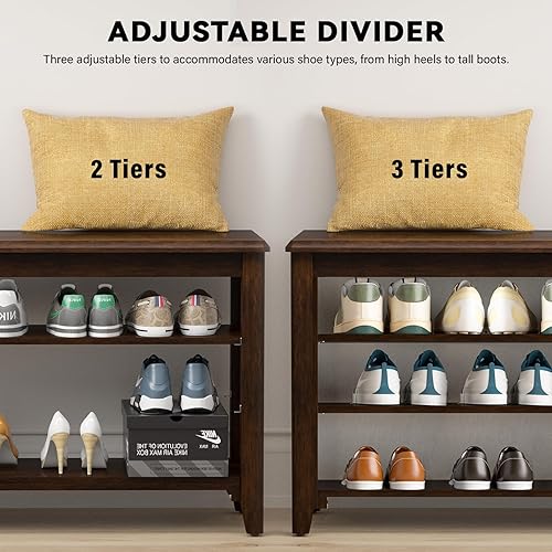 Miniatura 4 de Banco de zapatos de madera de goma, banco de entrada con 3 niveles de altura ajustable, zapatero para puerta delantera, organizador de entrada para