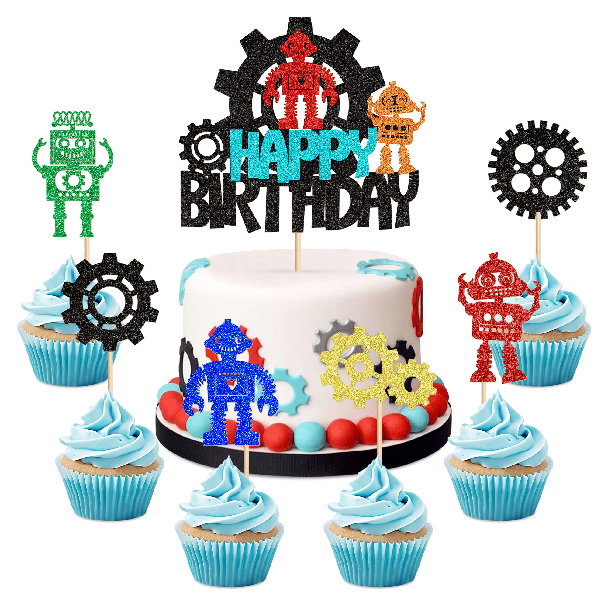 Blumomon 25Pcs Robot Happy Birthday Cake Toppers Glitter Robot Cake Decorations for Baby Shower Kids Birthday Party Decoration Supplies