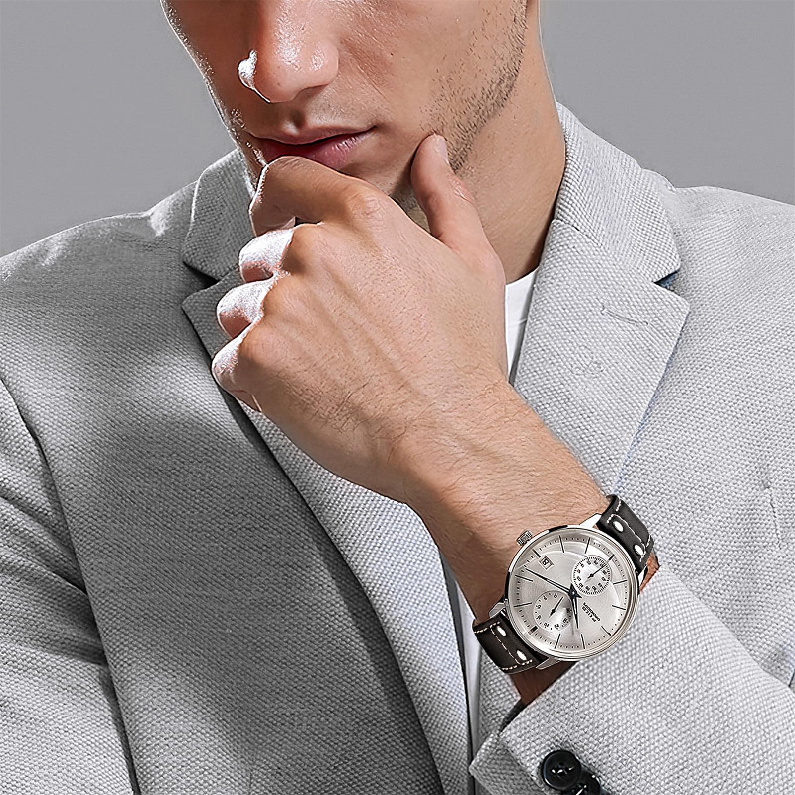 FEICE Orologio Uomo Automatico Orologio Meccanico Carica Manuale Uomo con Vetro Minerale Curvo 2.5D Cinturino in Pelle Cassa 41mm