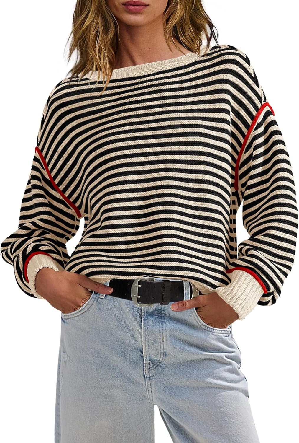 Panadila Womens Striped Oversized Sweater Fall Chunky Long Sleeve Pullover Sweaters Cable Knit Color Block Sweater Tops(Black White Combo,M)