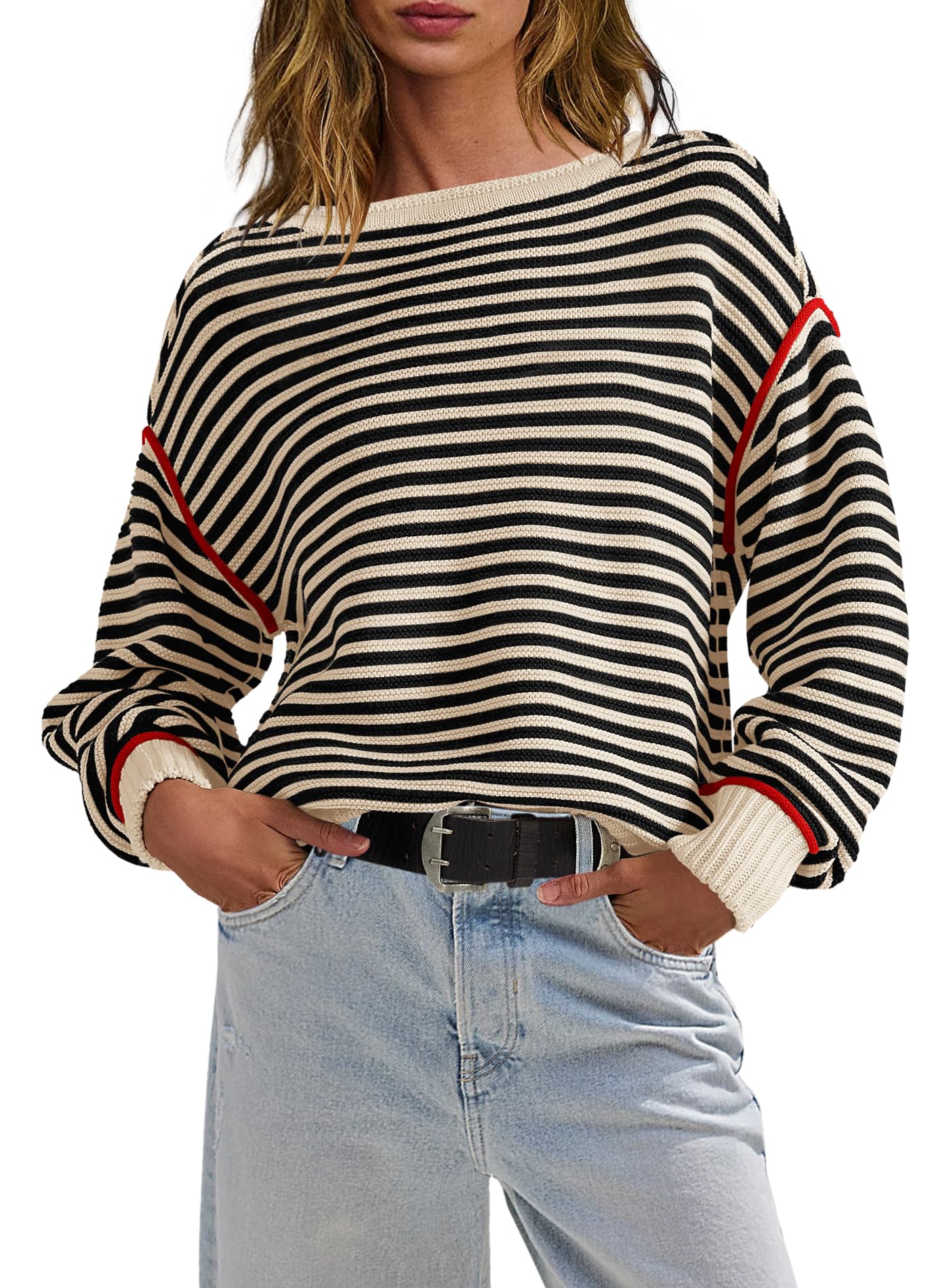 Panadila Womens Oversized Striped Sweater Fall Chunky Long Sleeve Pullover Sweaters Cable Knit Color Block Sweater Tops