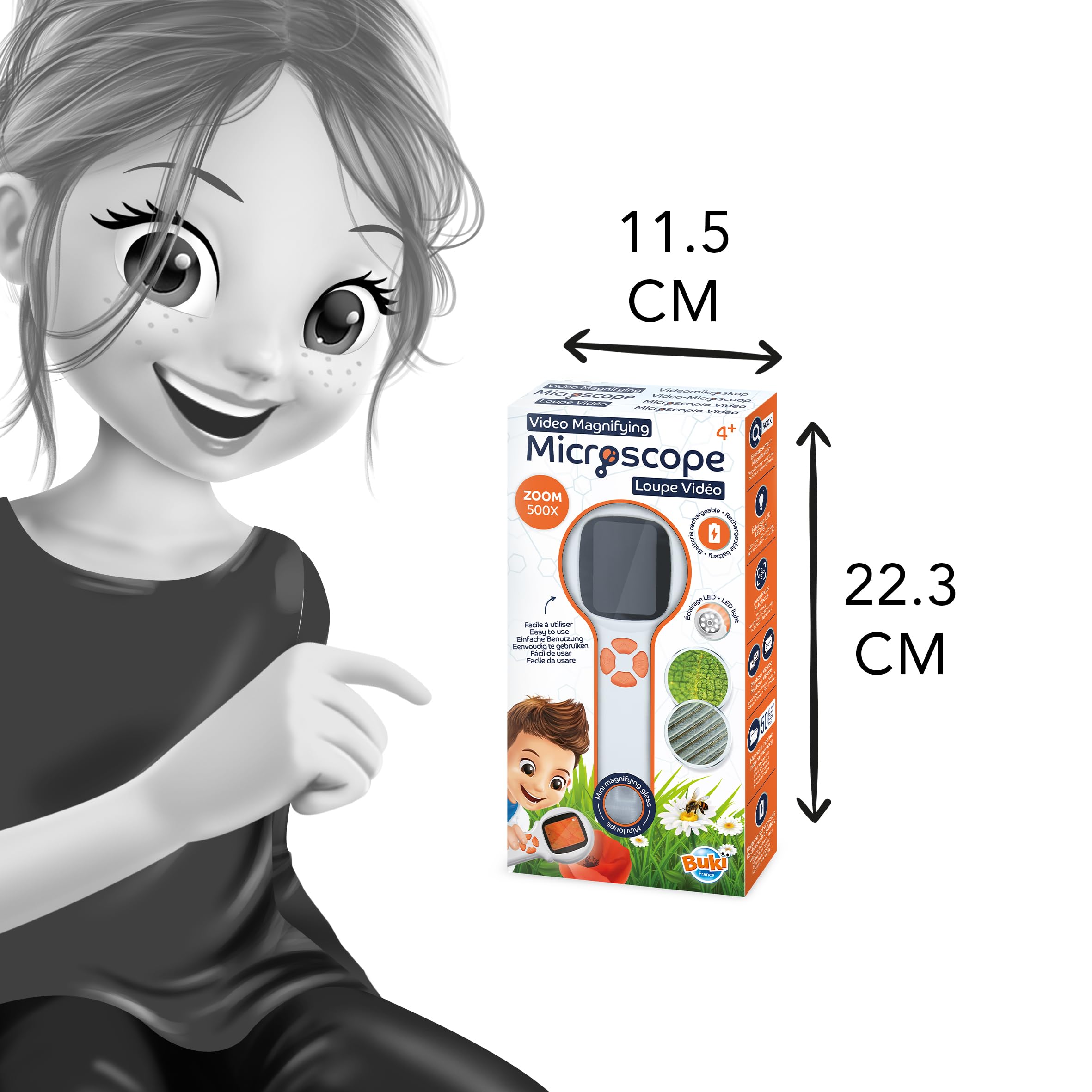 BUKI MR300 - Microscopio Lupa Vídeo Portátil Niños – Zoom 500x con Pantalla, LED y Fotos/vídeo, Juguete científico, +4 años
