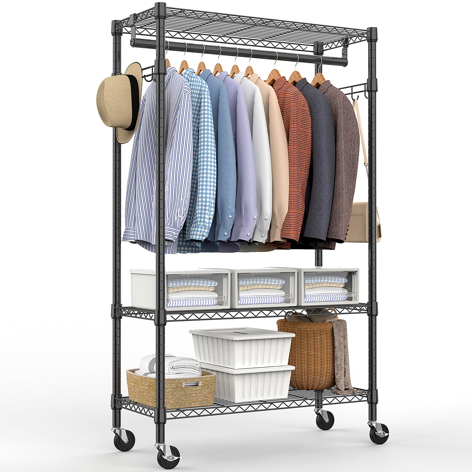 Heavy Duty Rolling Garment Rack 3 Tiers Adjustable Wire Shelving Clothes Rack with Rods and Side Hooks,Storage Closet Clothing Rack with Wheels Black 15.7" D x 29.5" W x 74.5" H