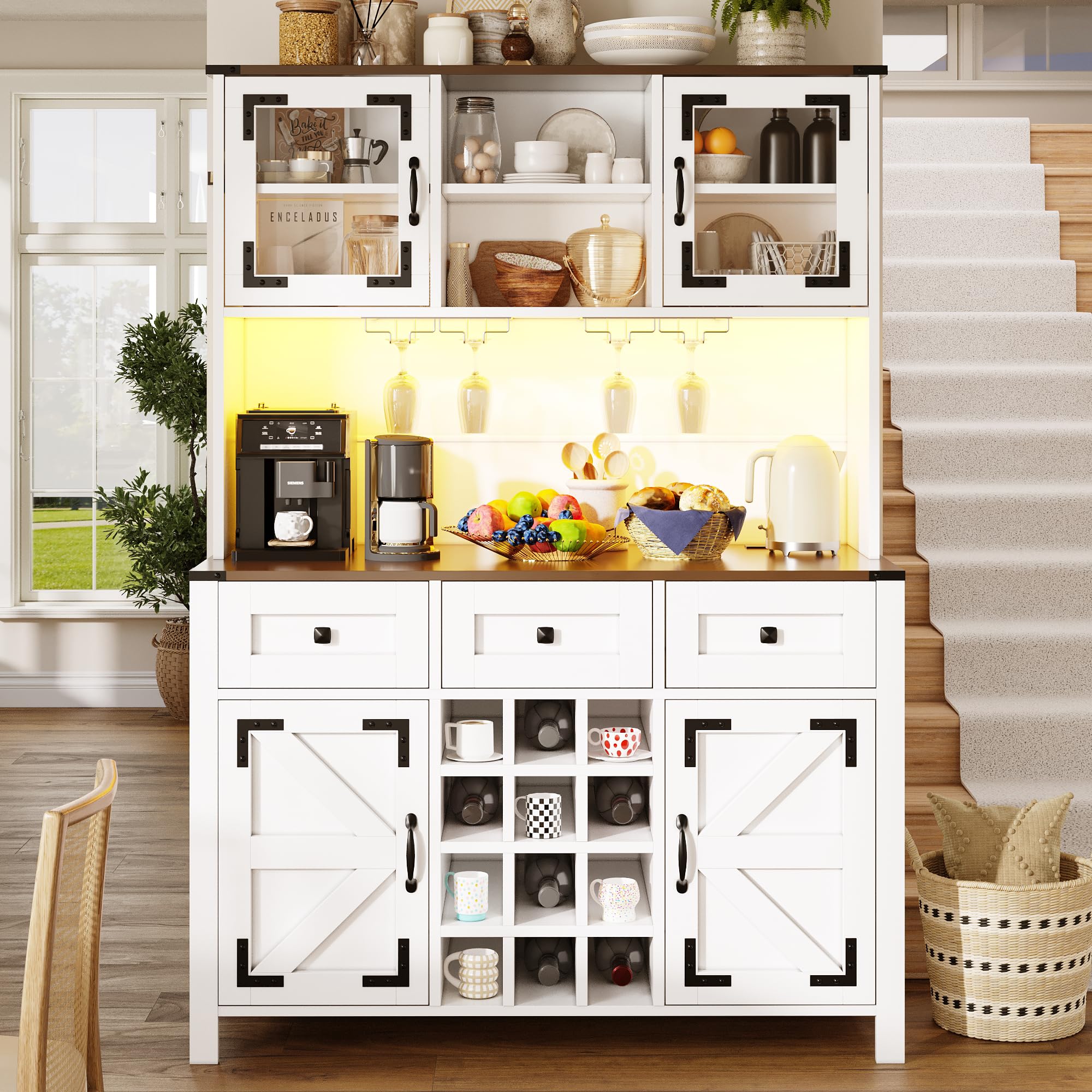 Küchenschrank mit LED-Lichtleiste und USB-Anschlüssen, Hochschrank mit Schublade und Aufbewahrungsschrank, Buffetschrank mit Weinregal, Weiß-B, 120x40x170 cm