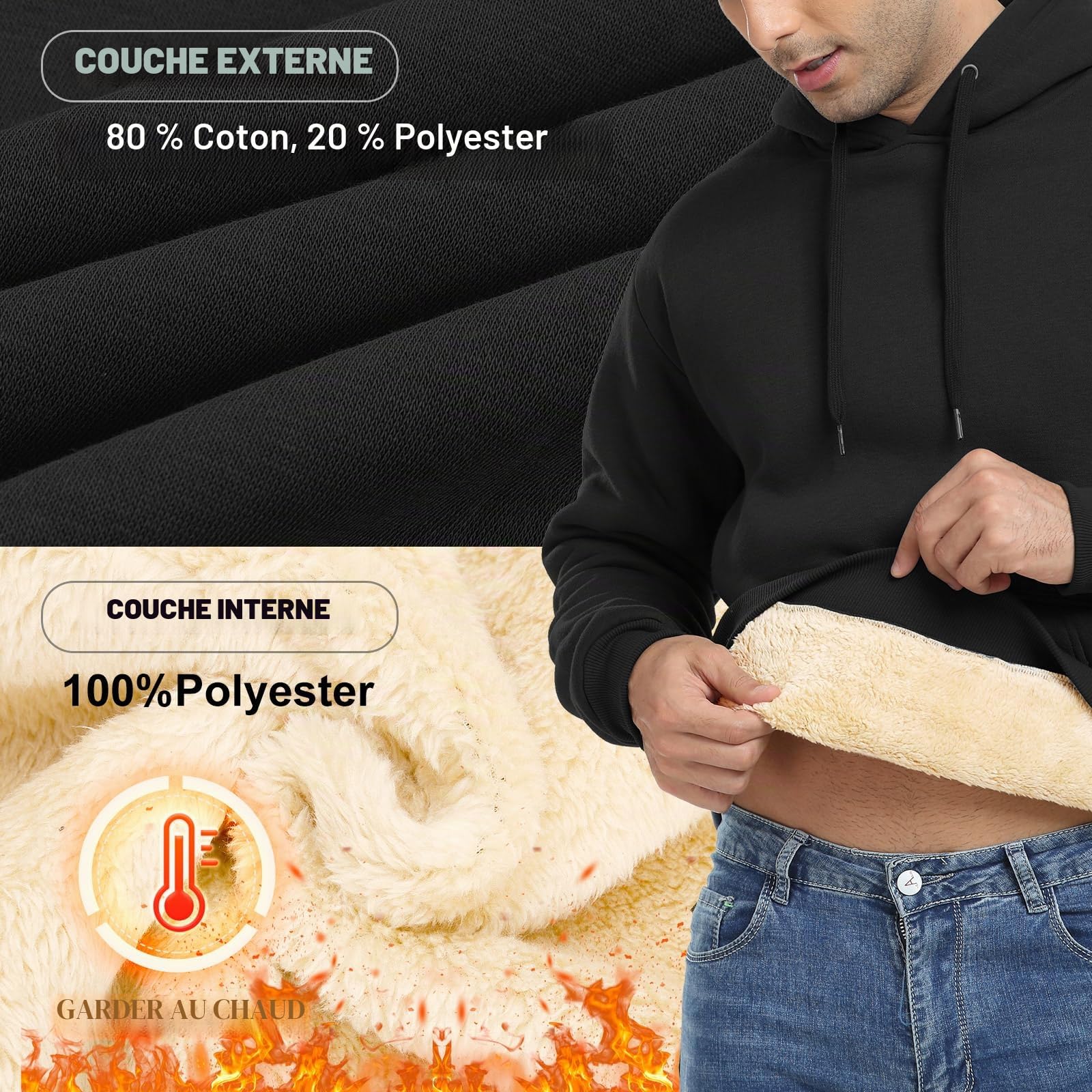 Nadeer Sweat à Capuche Homme Hiver Polaire Chaud Pullover Manches Longues Sweatshirt Col Rond Casual Fleece Hoodie Sportswear avec Poches