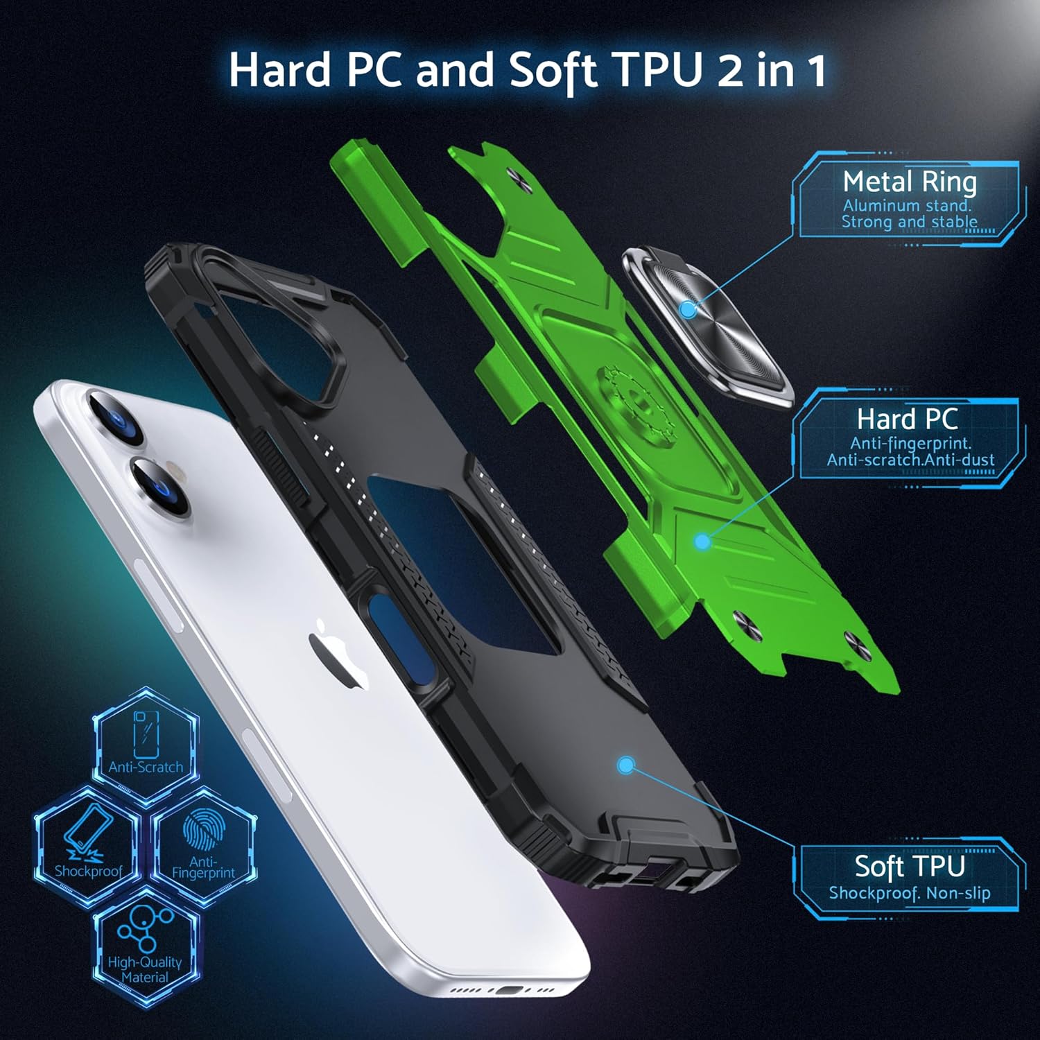 DASFOND Designed for iPhone 16 Case, Military Grade Shockproof Protective Phone Case Cover with Enhanced Metal Ring Kickstand [Support Magnet Mount] for iPhone 16 6.1 inch, Grass Green - Image 3