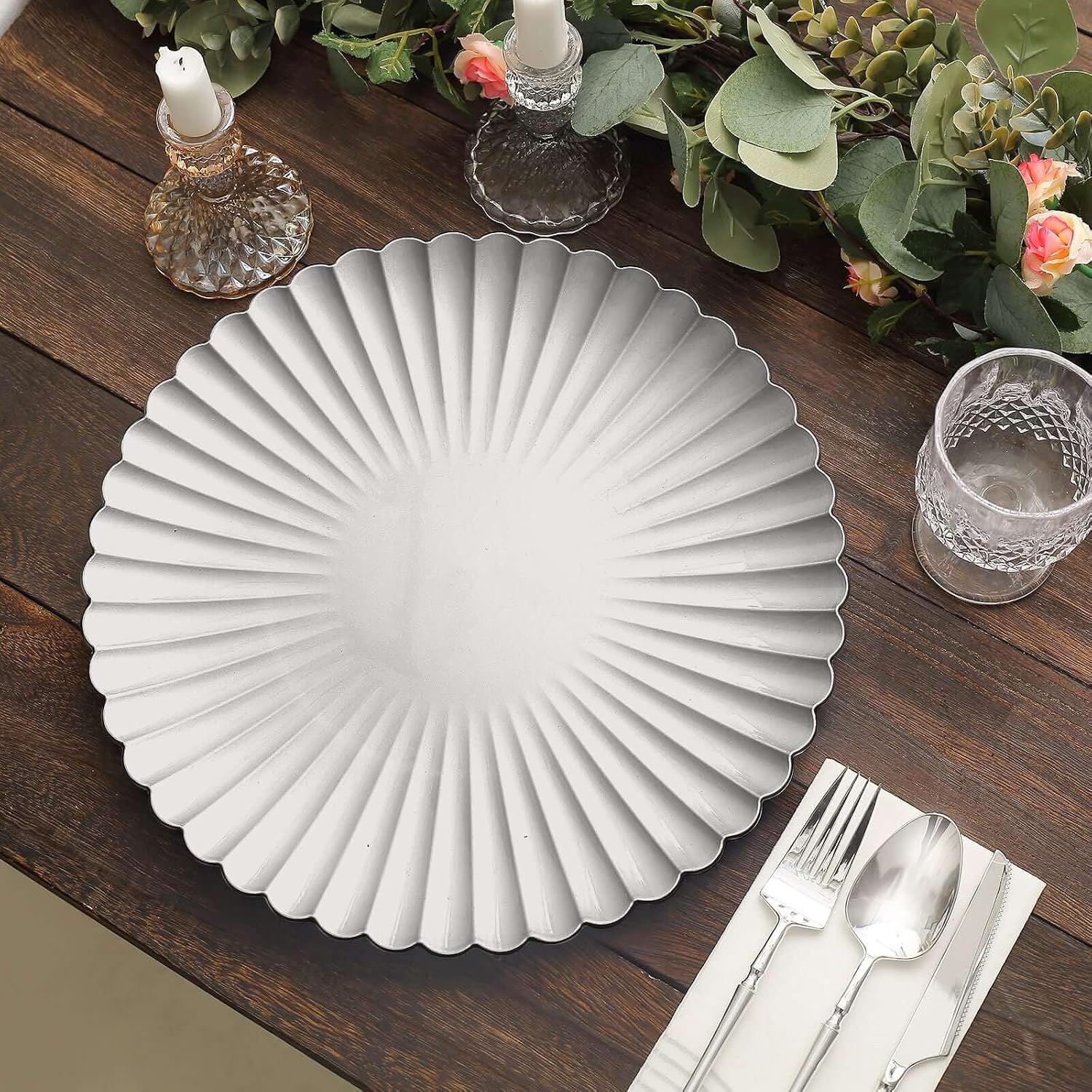Efavormart 6-Pack 13" Silver Scalloped Shell Pattern Charger Plates, Modern Coastal Underplates for Nautical Weddings and Winter Receptions