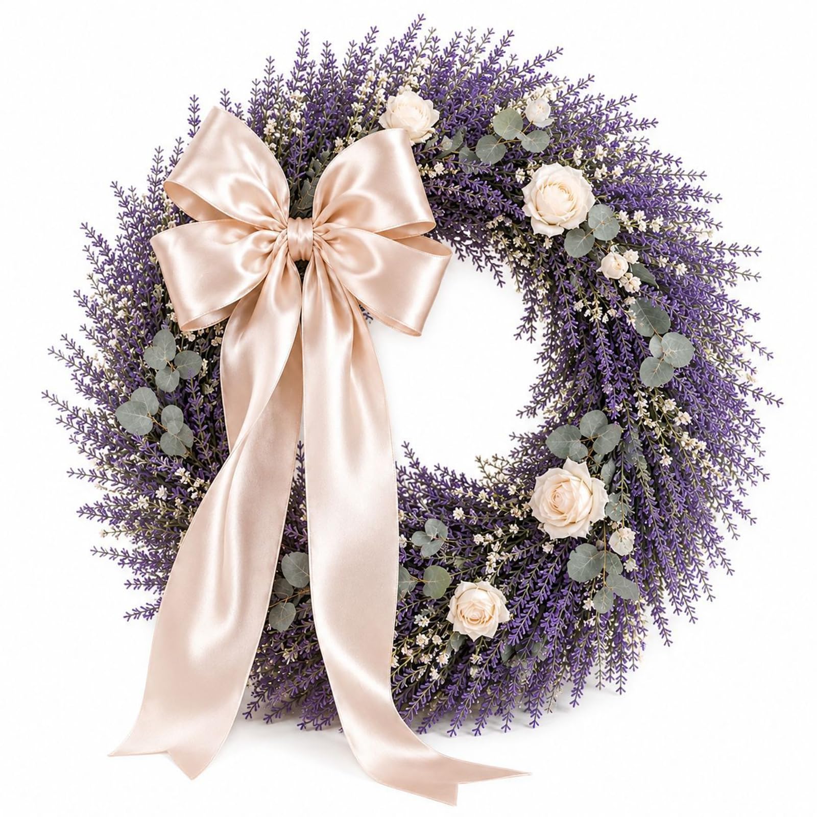 Künstlicher Lavendelkranz, 45/50 cm Lavendel Weiße Rosen Türkranz, Türkranz Ganzjährig, Dekokranz für Haustür Hochzeit Party Garten Tür Fenster Kamin Wand, 18 inch (50cm)