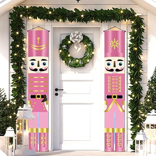 Nepnuser Cartel rosa de cascanueces para porche, decoraciones de Navidad rosadas, suministros de fiesta de invierno para puerta delantera, letrero