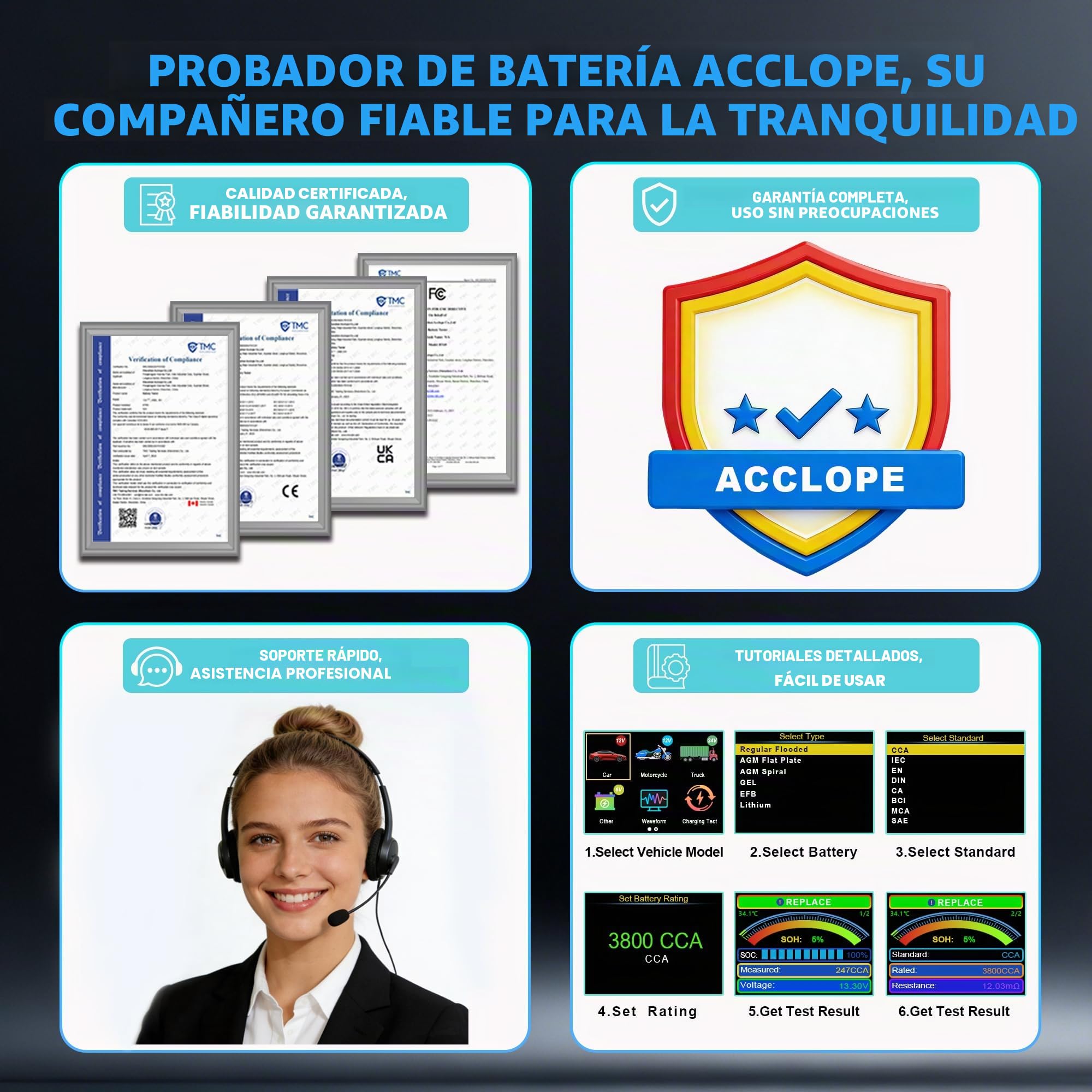 BT90 PRO Probador de baterías, 6V/12V/24V, capacidad de 2-360Ah, 30-3800 CCA, para baterías AGM/EFB/GEL/LiFePO4, con impresión en la nube, sistema de arranque y parada, prueba de sistema de