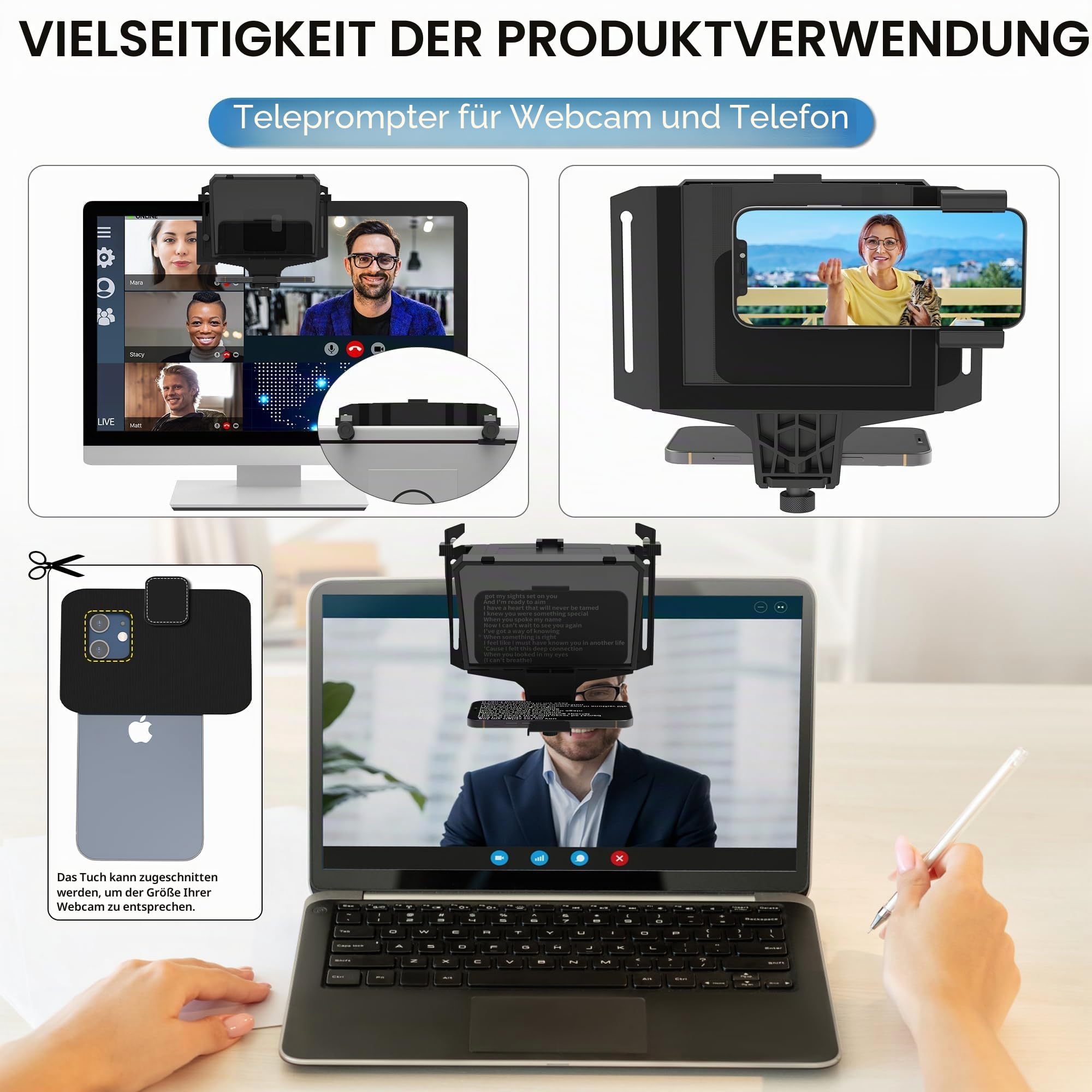 Tragbarer Teleprompter 7,7 Zoll 3-in-1 Handheld Desktop Monitor HD 70/30 Beam Splitter Glas Fernbedienung kompatibel iOS Android