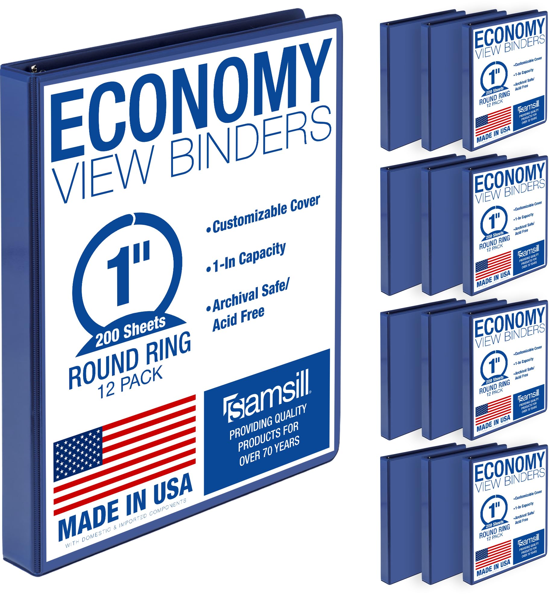Samsill 1 Inch 3 Ring Binders, Made in USA, Economy Round Ring, Clear View Cover, 200 Sheet Capacity - for School, Home, Office - Blue, 12 Pack