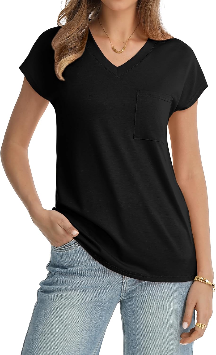 QUALFORT Womens V Neck T Shirt Short Sleeve Casual Top with Pocket Cap Sleeve Regular Fit Trendy 2026 - Image 4