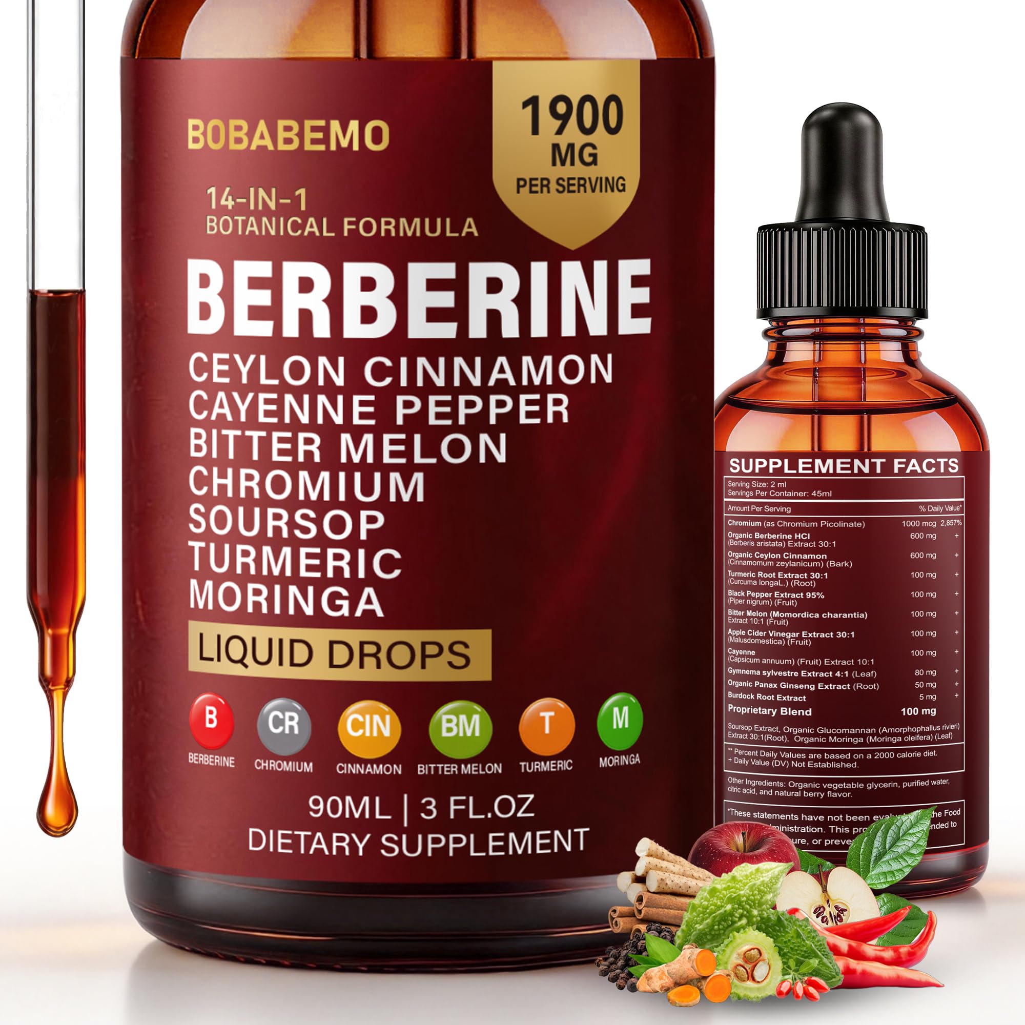 14-in-1 Berberine with Ceylon Cinnamon Supplement Liquid Drops, 1900mg
