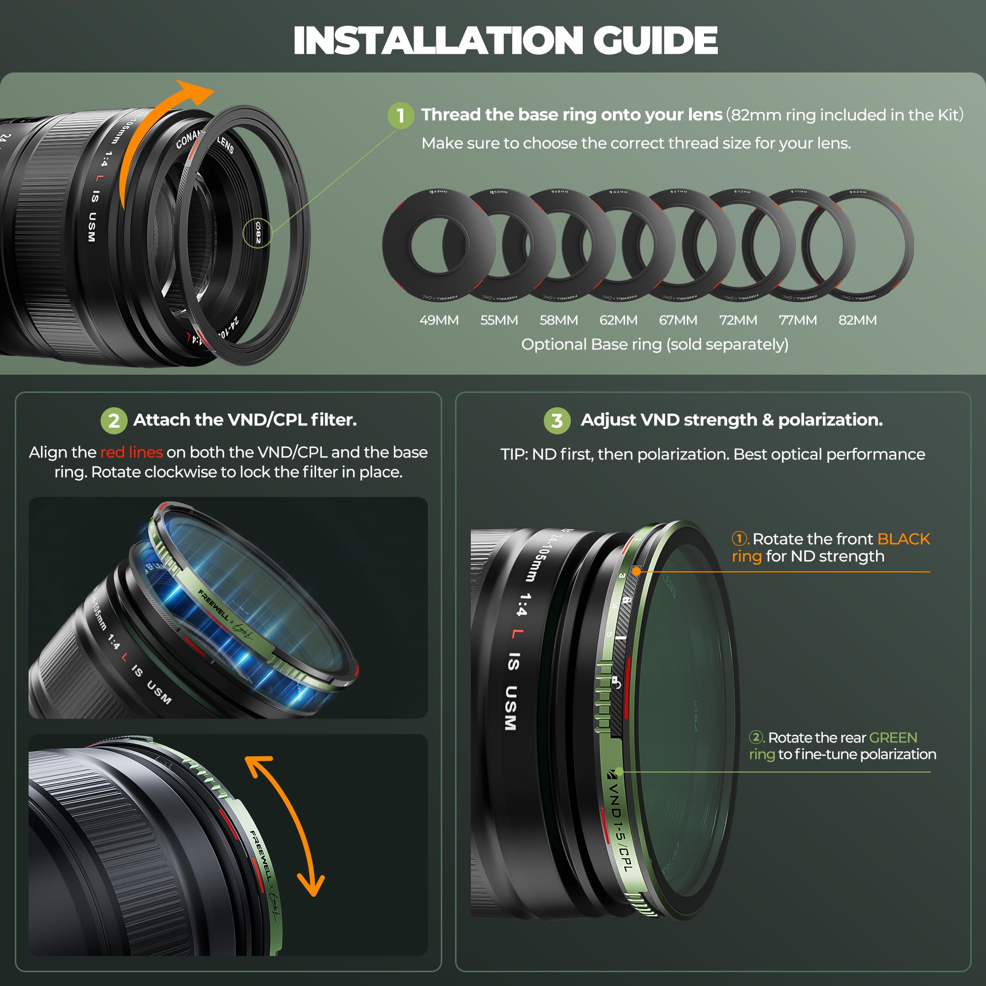 Freewell x Brandon Li 82 mm zmienny zestaw podstawowy ND/CPL | 1-10 stop z ND32, przednie i tylne nasadki, pierścień bazowy 82 mm, magnetyczny + filtr blokujący do wideo i fotografii