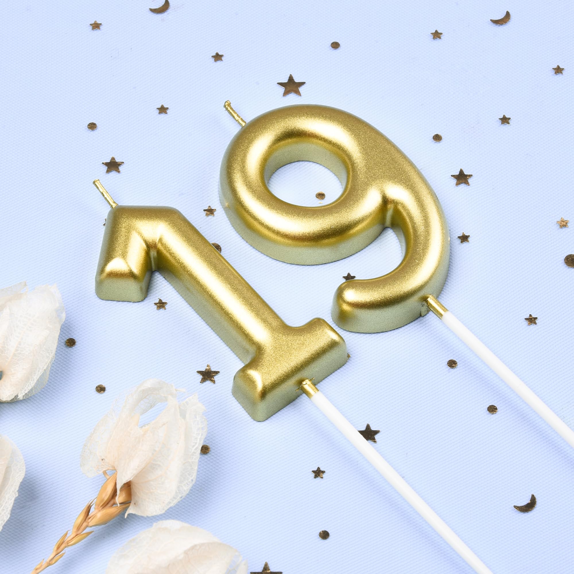Velas clásicas de cumpleaños con número 19 de oro de 2.76 pulgadas, velas de números dorados, velas de números de pastel, celebración de fiesta
